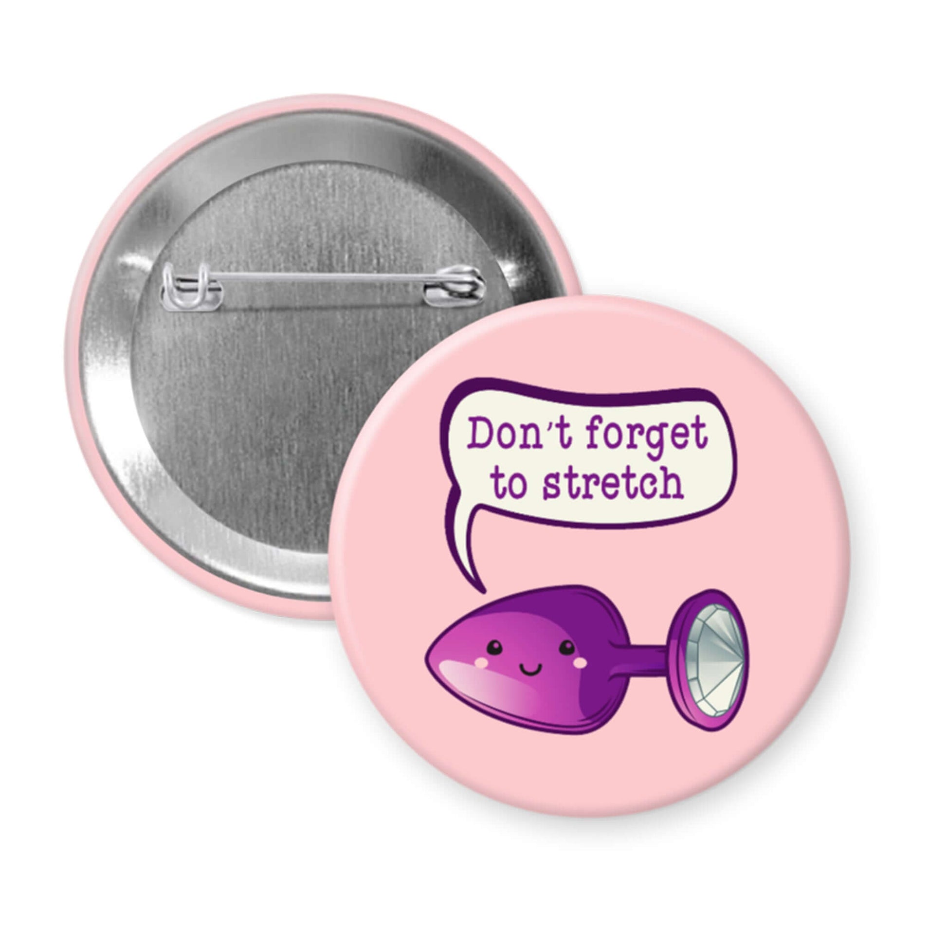 Pink button with a purple stretch toy and 'Don't forget to stretch' text on a white background