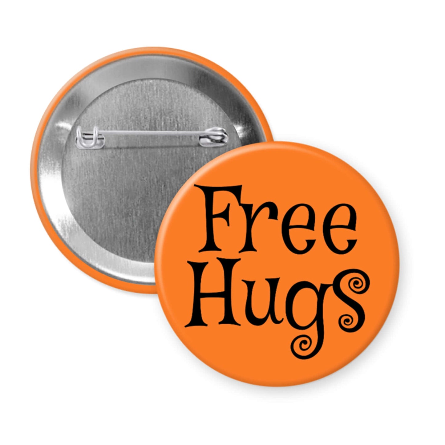 Orange button with 'Free Hugs' text on a white background