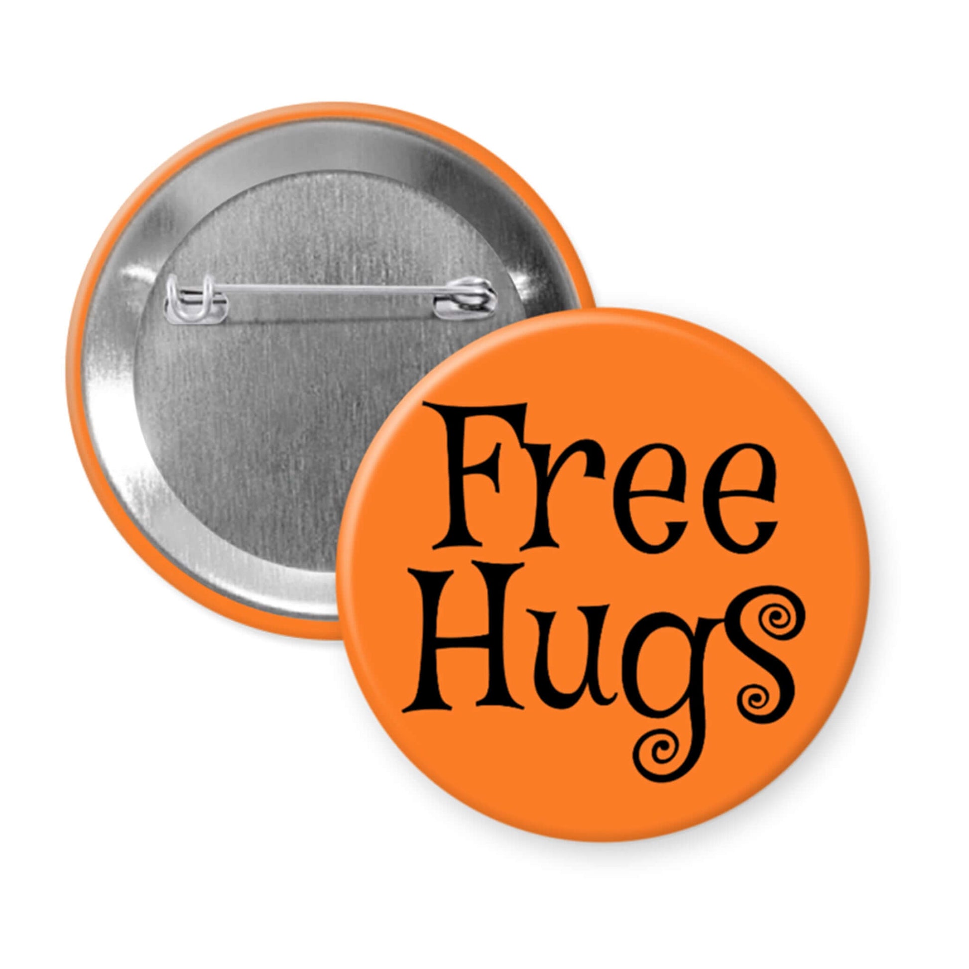 Orange button with 'Free Hugs' text on a white background