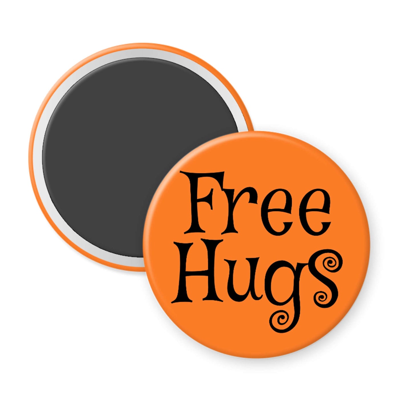 Round magnet with 'Free Hugs' text on an orange background