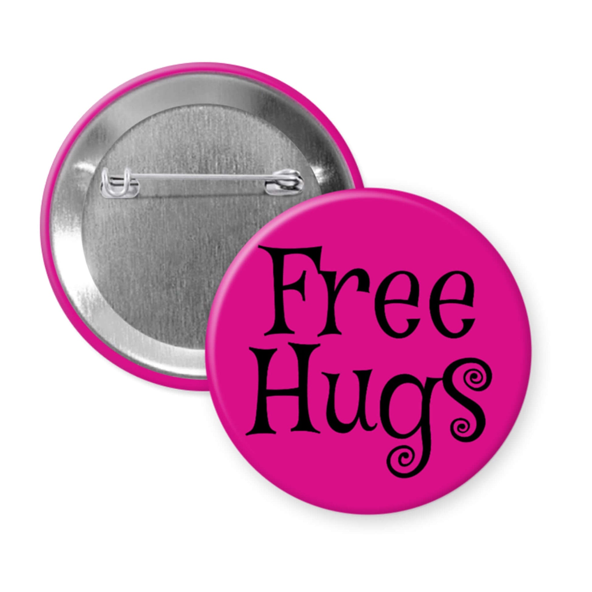 Pink button with 'Free Hugs' text on a white background