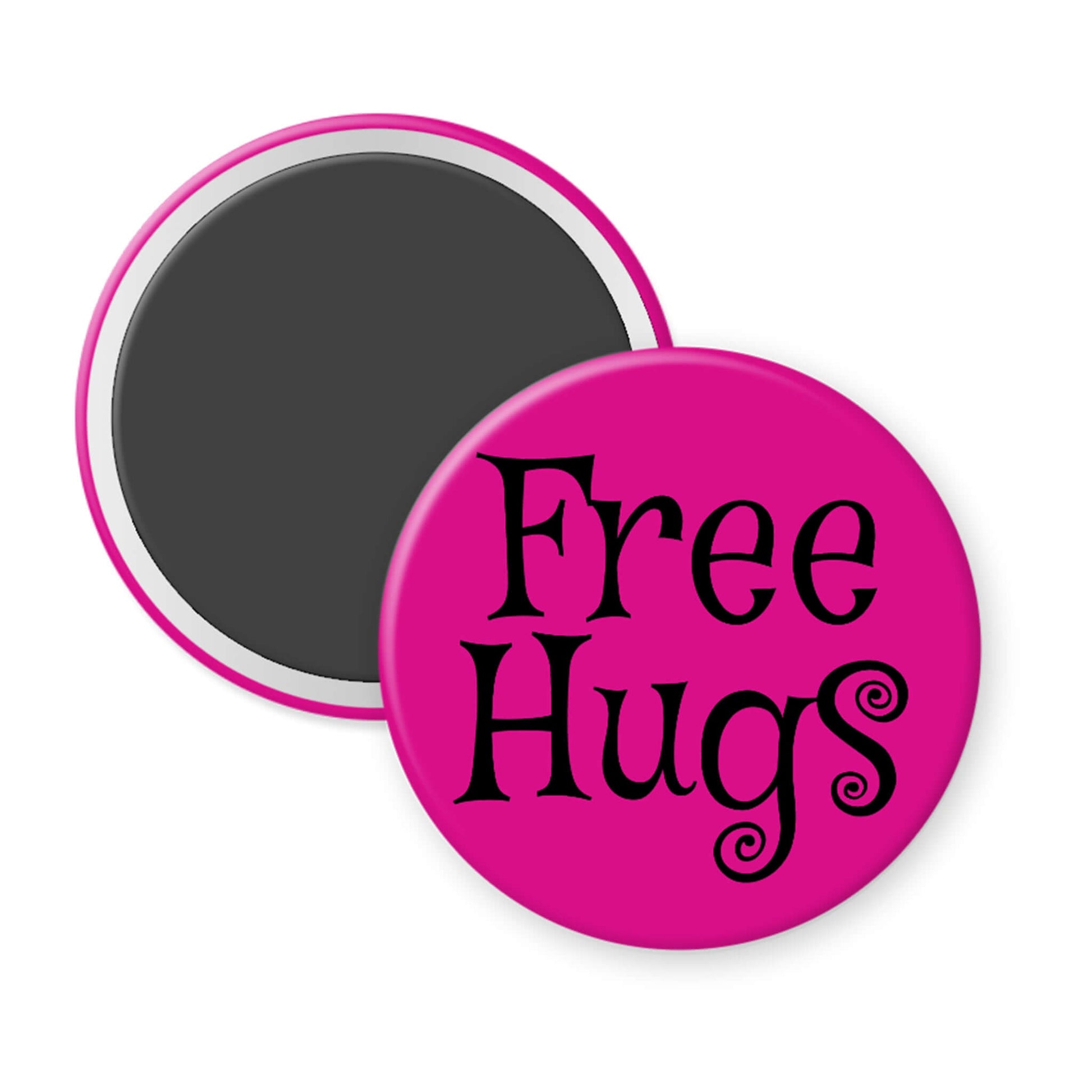 Pink button with 'Free Hugs' text on a white background