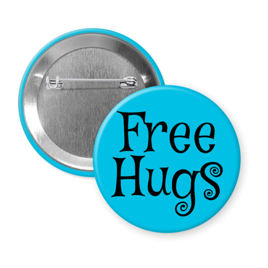 Button badge with 'Free Hugs' text on a blue background