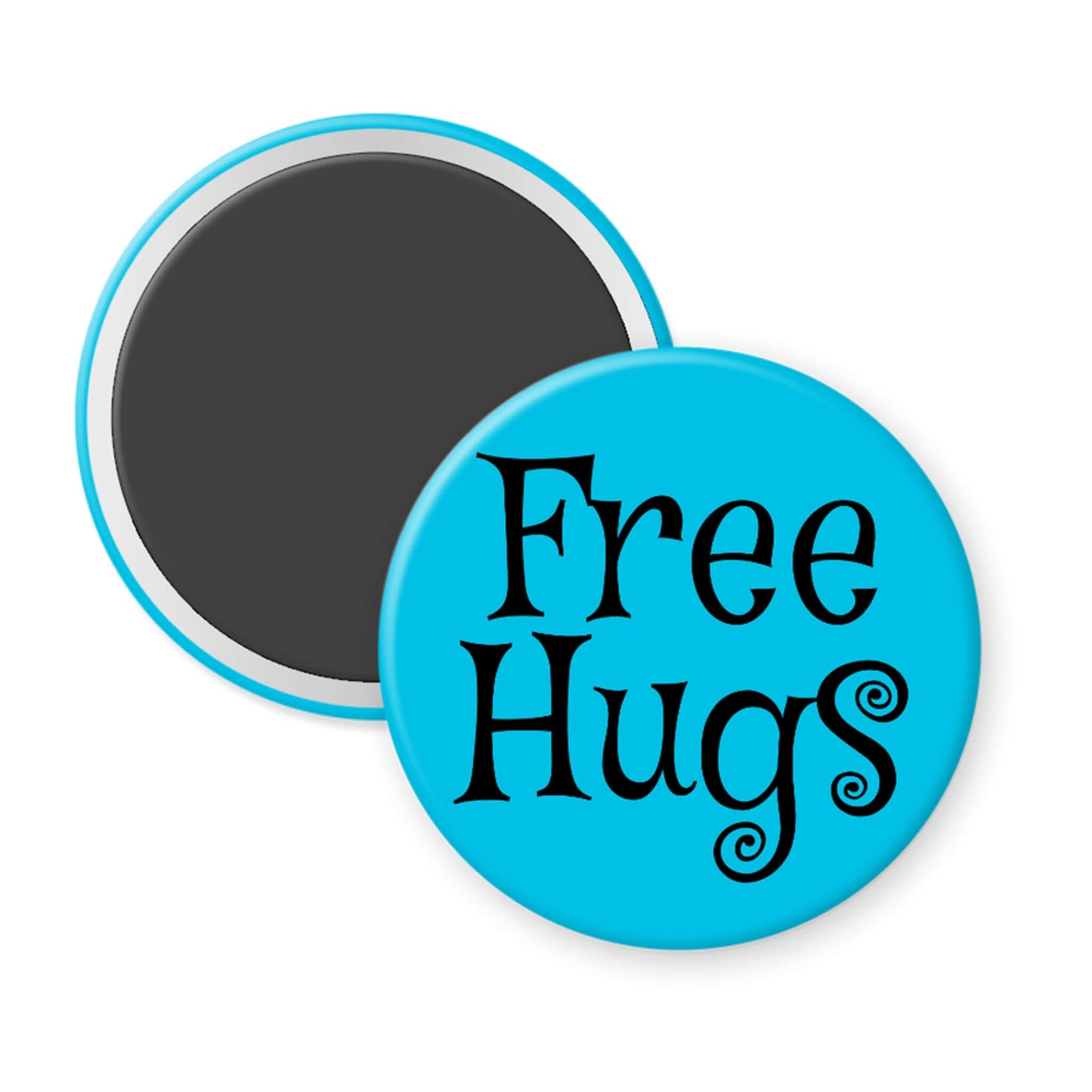 Round blue magnet with 'Free Hugs' text on a white background