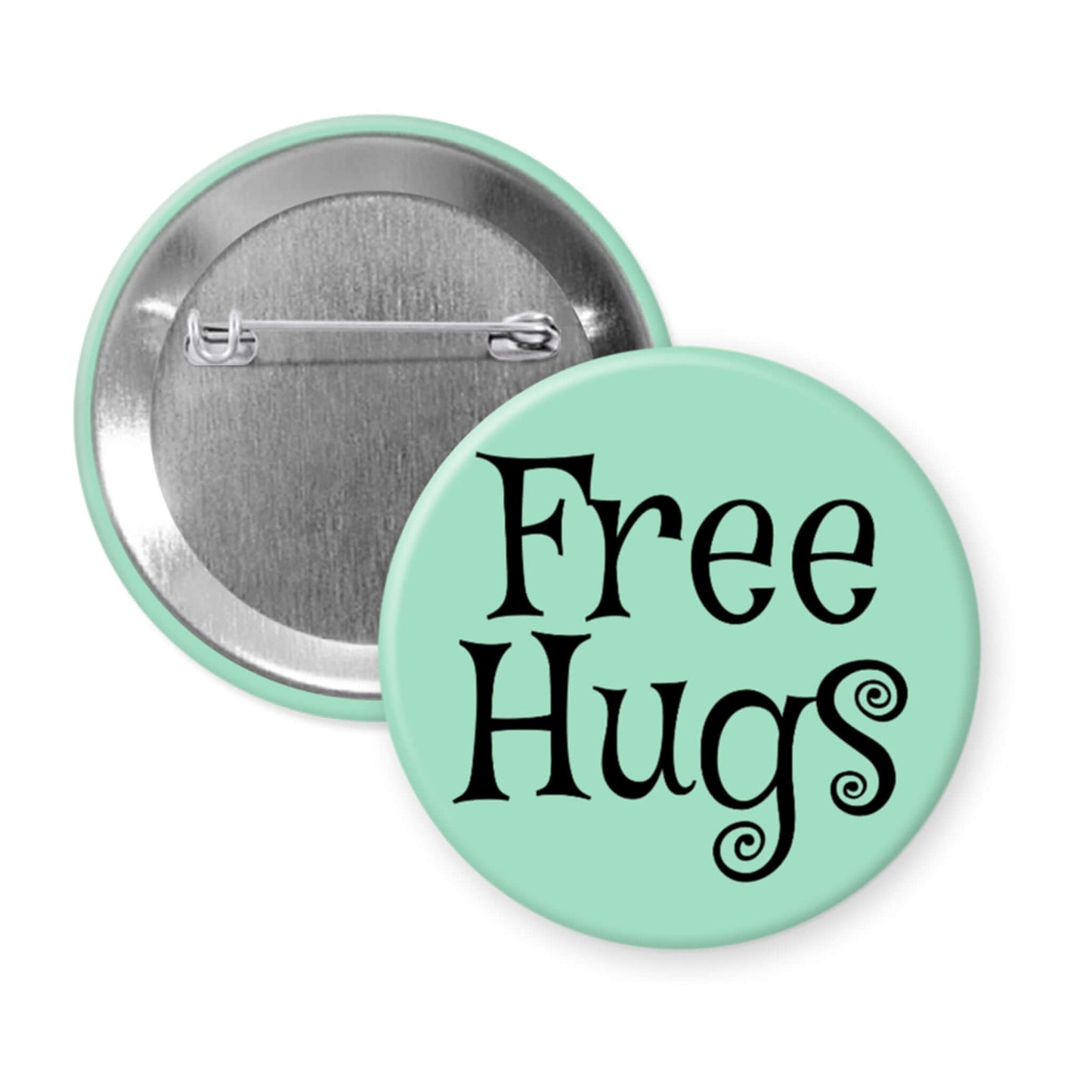 Button badge with 'Free Hugs' text on a light green background