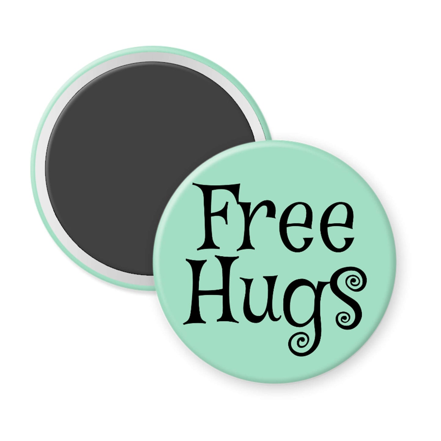 Round magnet with 'Free Hugs' text on a light green background