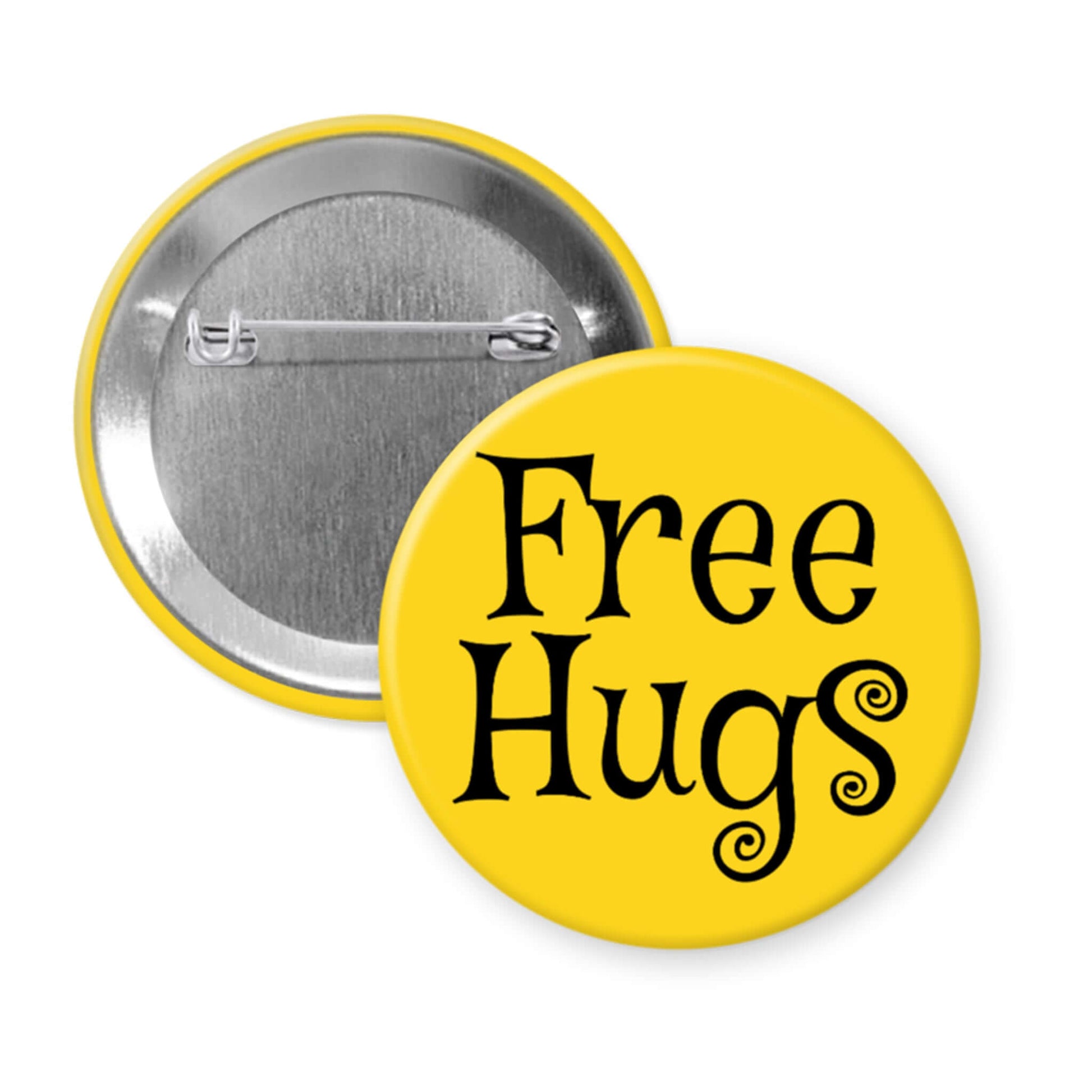 Yellow button with 'Free Hugs' text on a white background