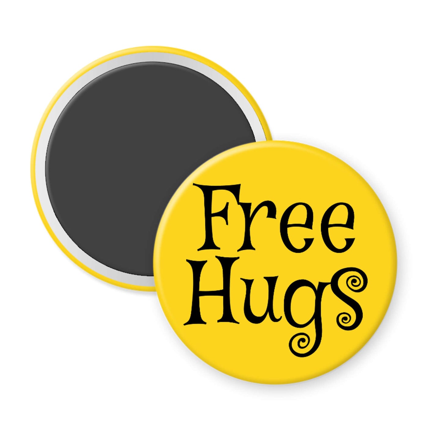 Round yellow magnet with 'Free Hugs' text on a white background