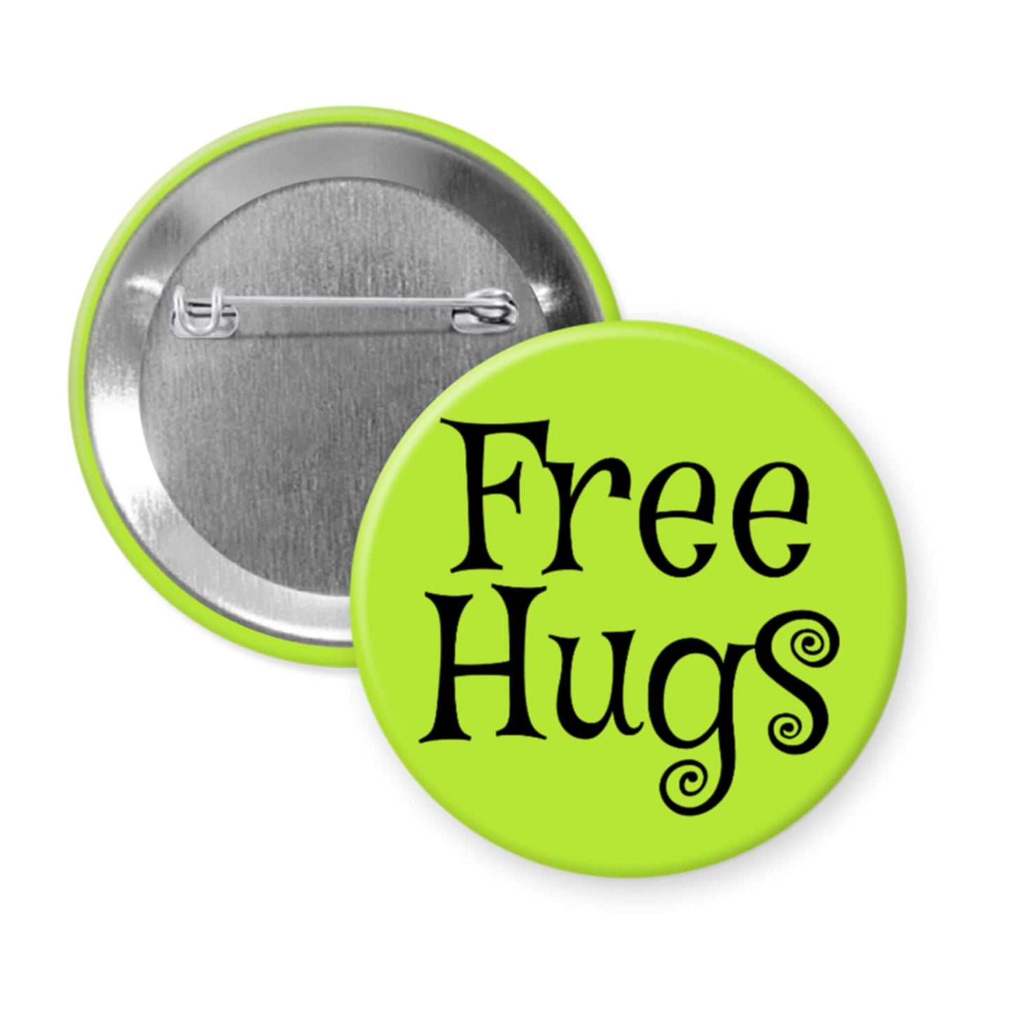 Button badge with 'Free Hugs' text on a green background