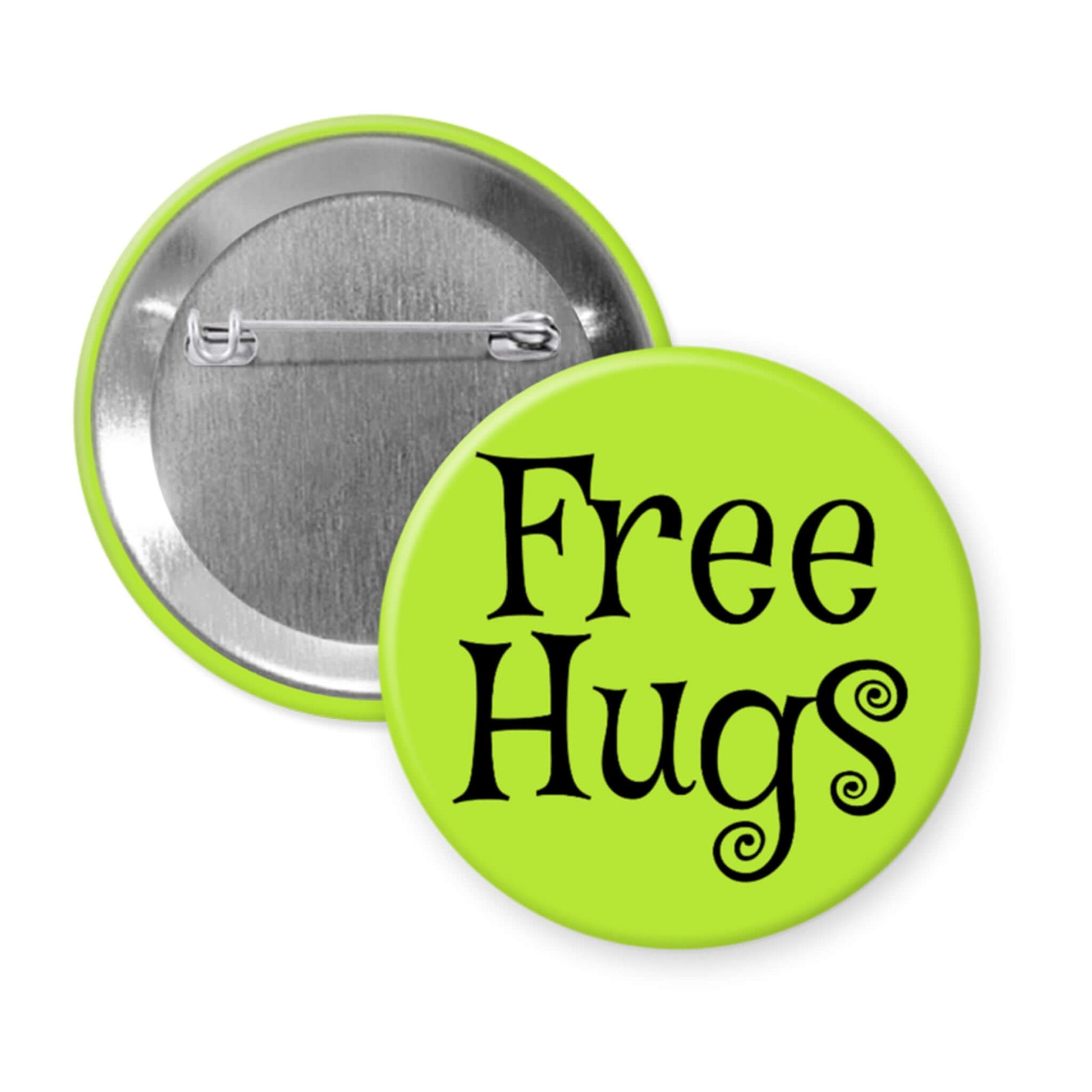 Button badge with 'Free Hugs' text on a green background