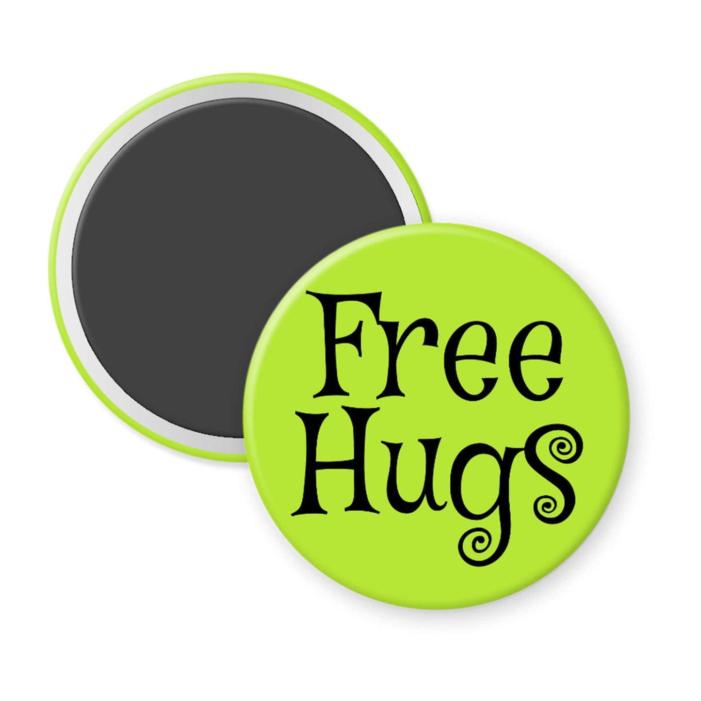 Round green magnet with 'Free Hugs' text on a white background