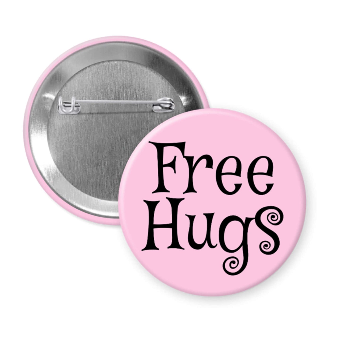 Pink button with 'Free Hugs' text on a white background