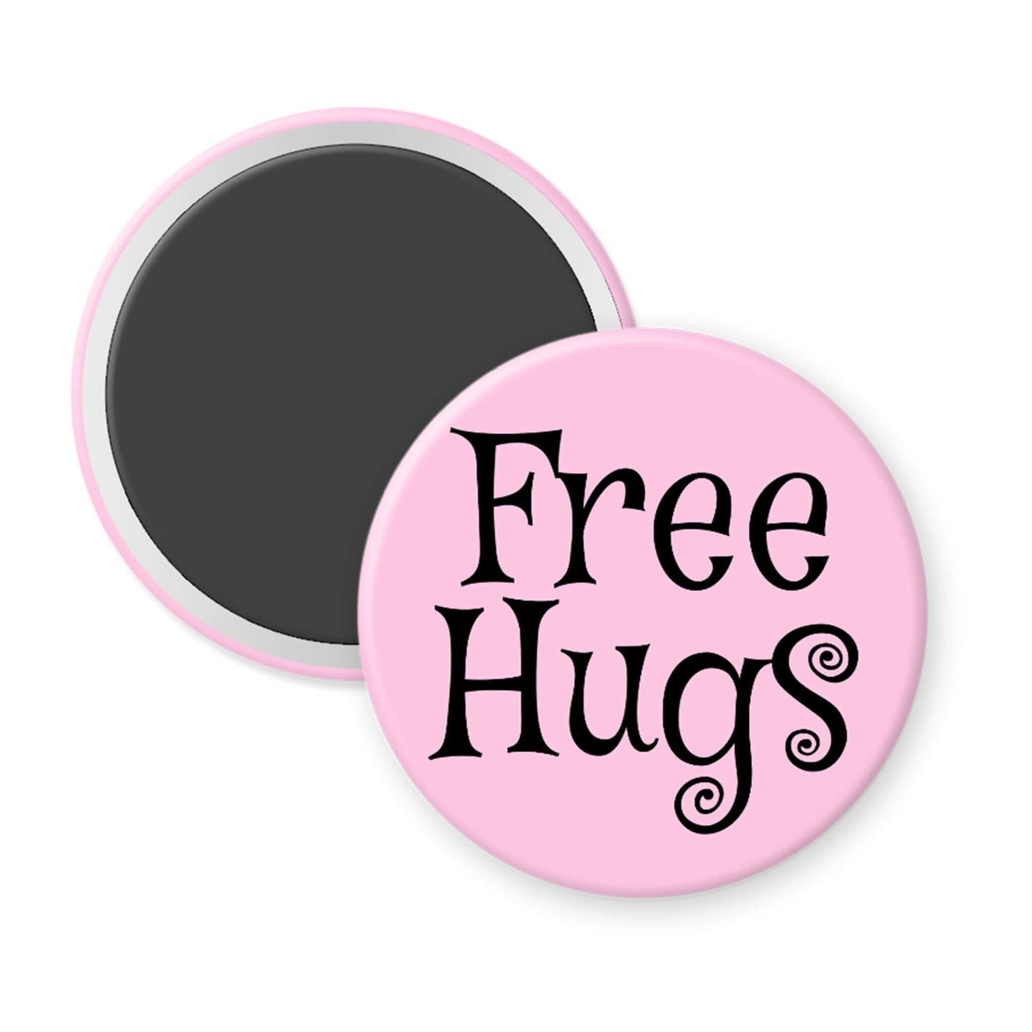 Pink magnet with 'Free Hugs' text on a white background