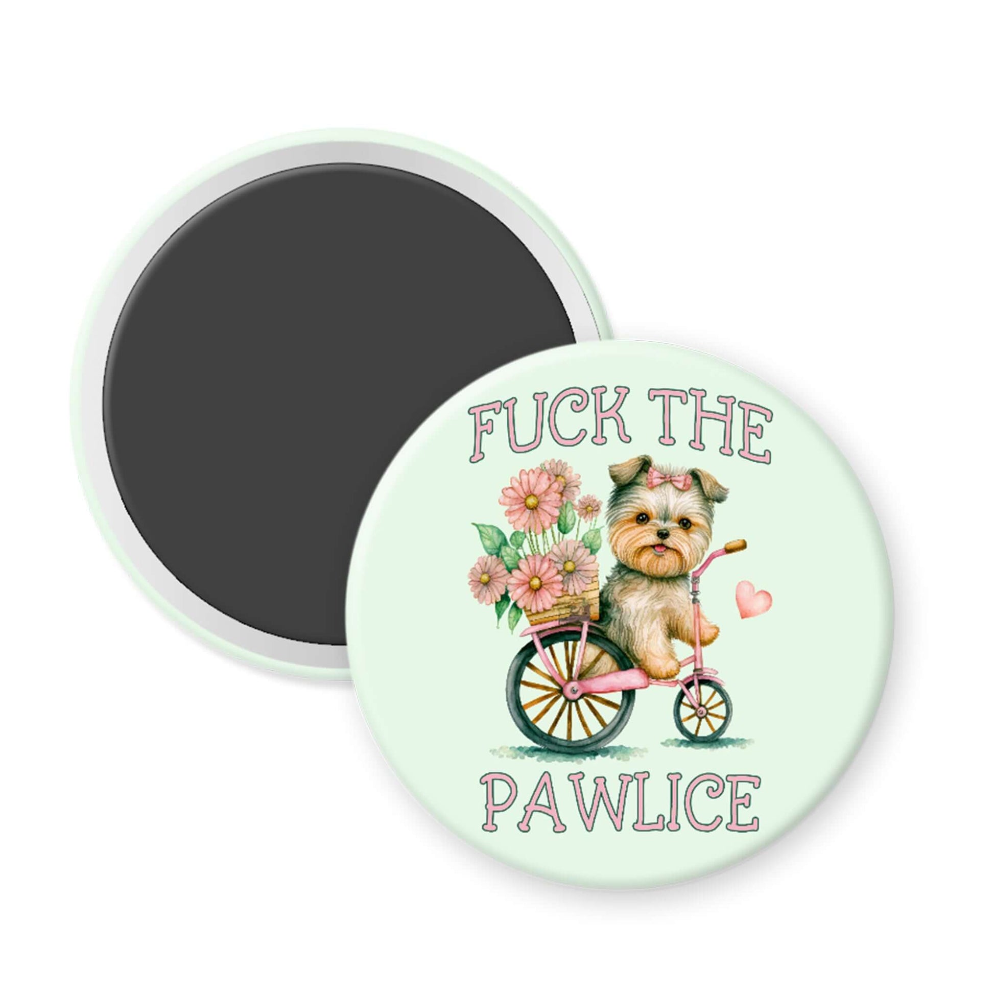 Round magnet with a dog on a bicycle and text, on a white background