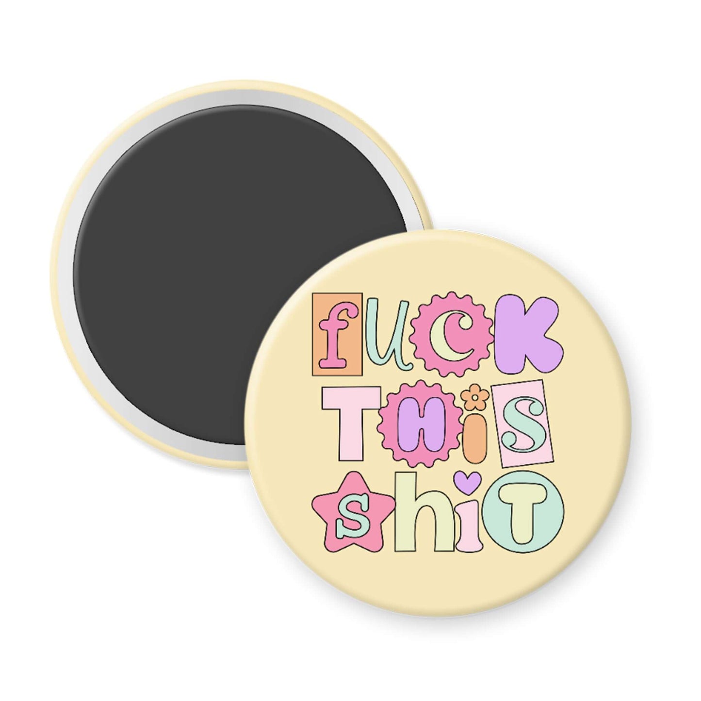 Round magnet with colorful text on a white background