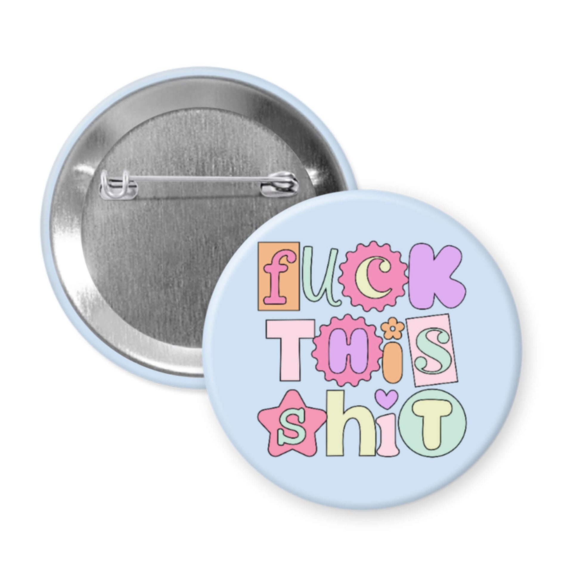Button badge with colorful text on a light blue background