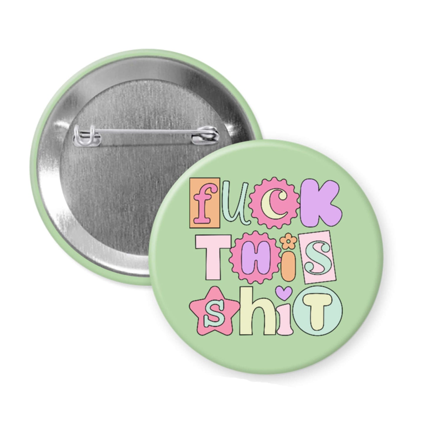 Button badge with colorful text on a light green background