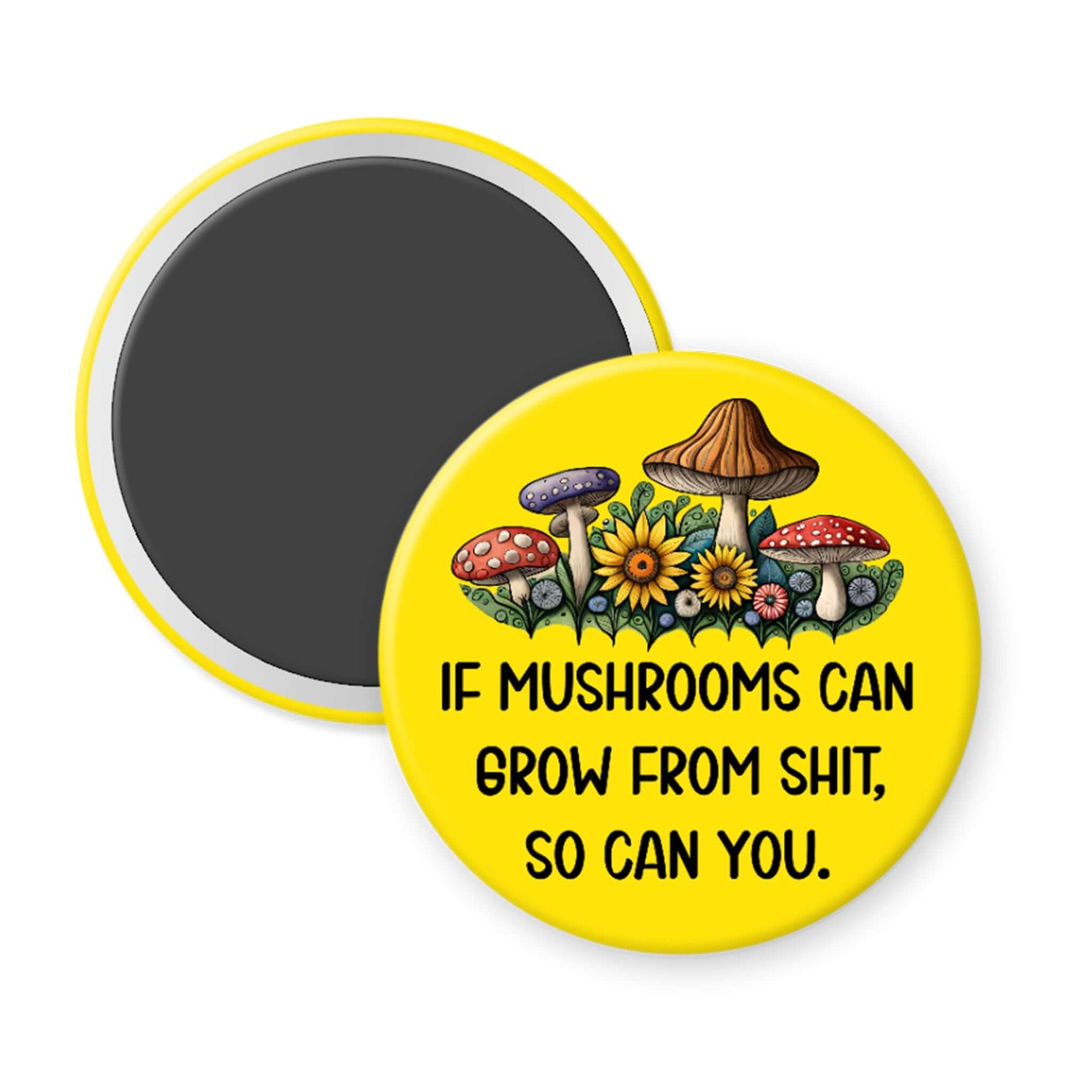 Round yellow magnet with mushroom illustration and text on a white background