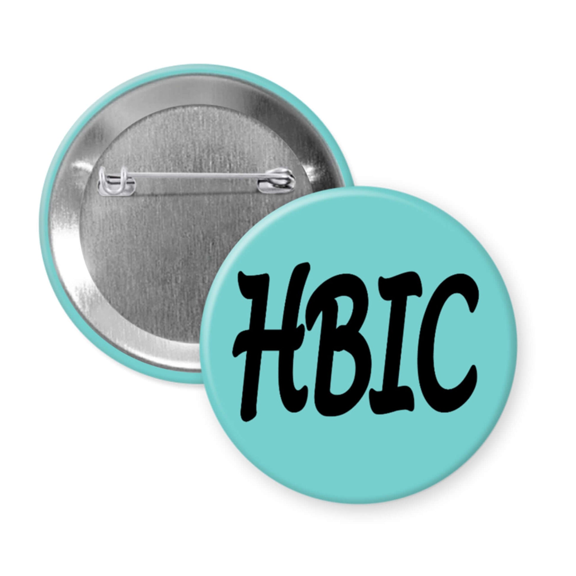 Button badge with 'HBIC' text on a light blue background