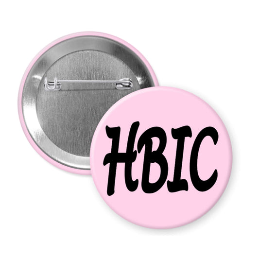 Pink pinback button with the acronym HBIC.