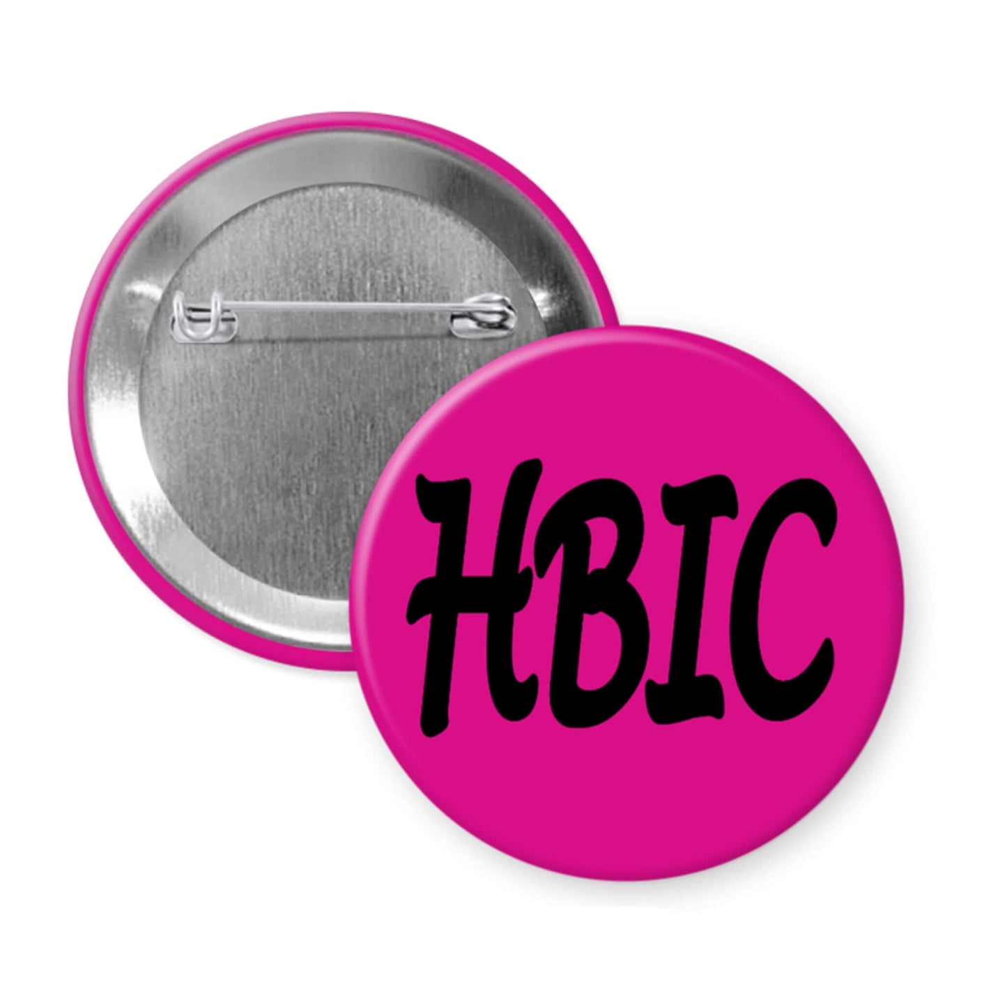 Pink button with 'HBIC' text on a white background