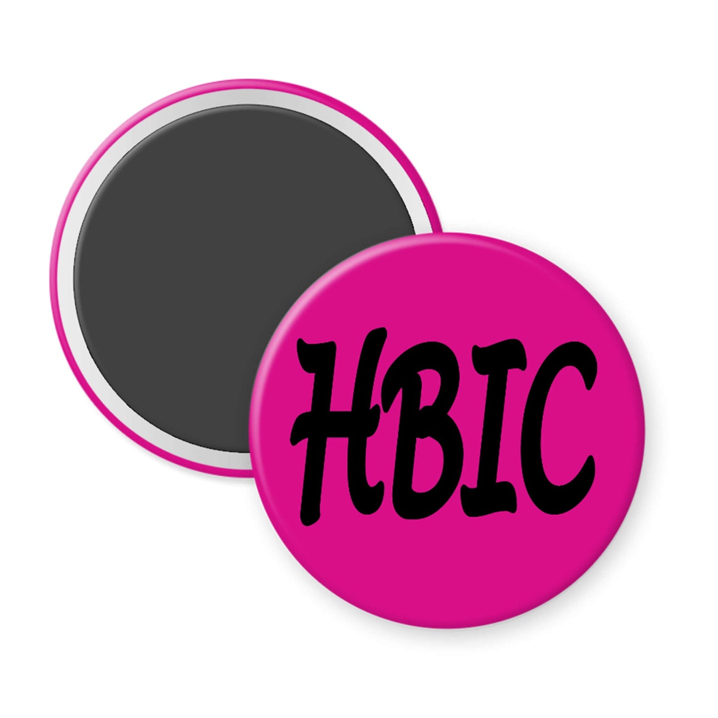 Pink button with 'HBIC' text on a white background