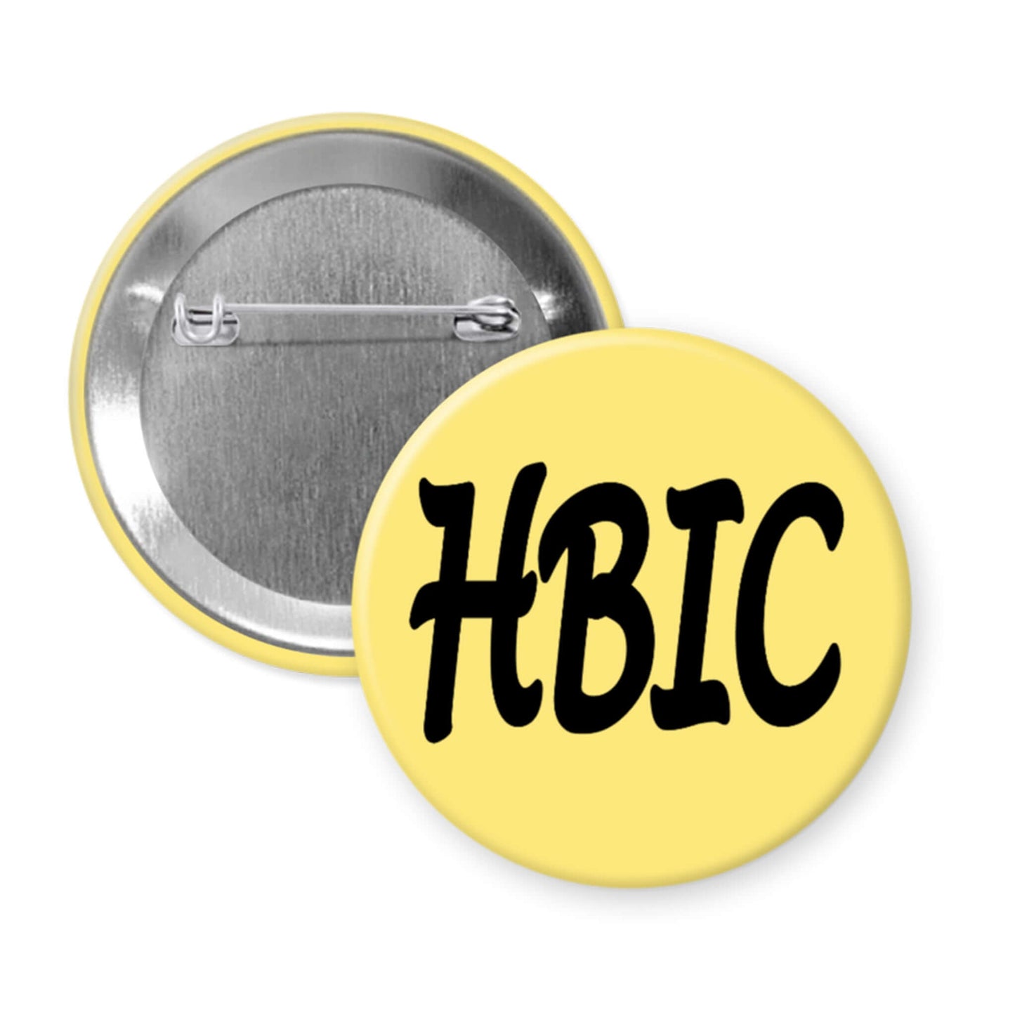 Yellow button with 'HBIC' text on a white background