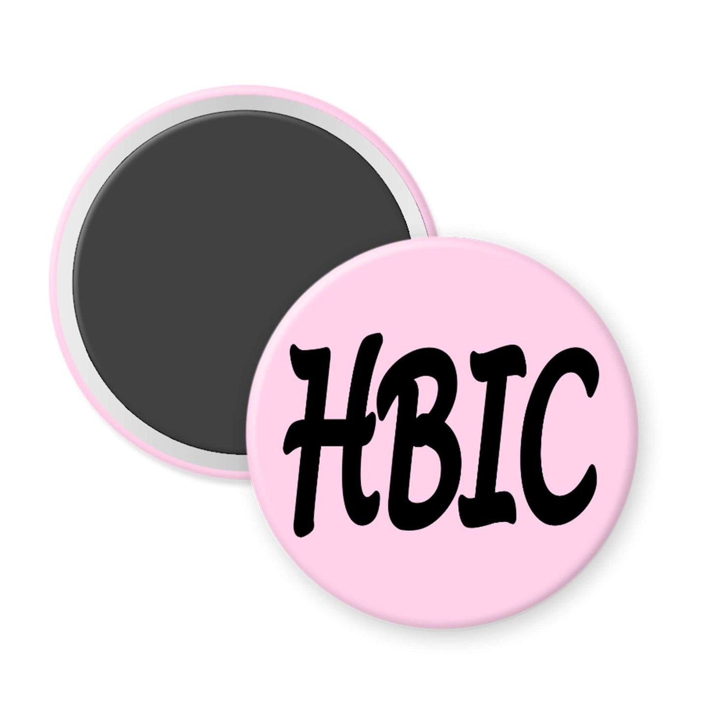 Pink magnet with 'HBIC' text on a white background