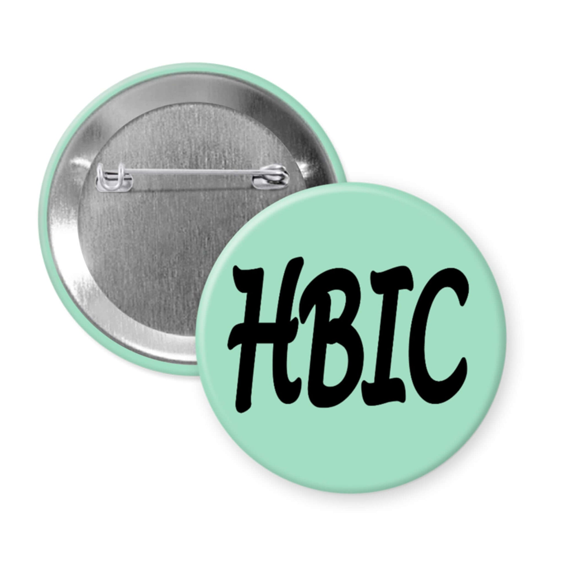 Button badge with 'HBIC' text on a light green background