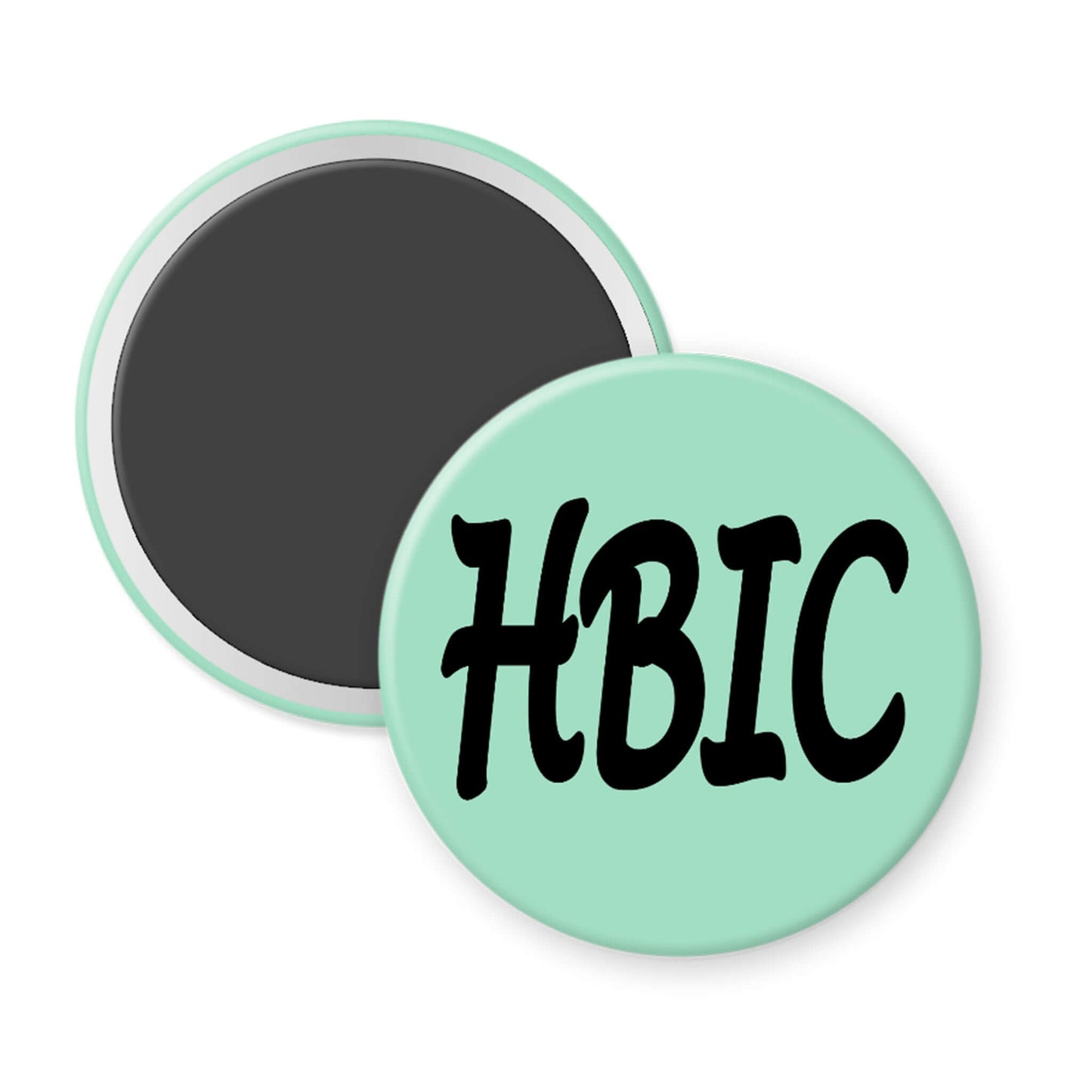 Round magnet with 'HBIC' text on a light green background