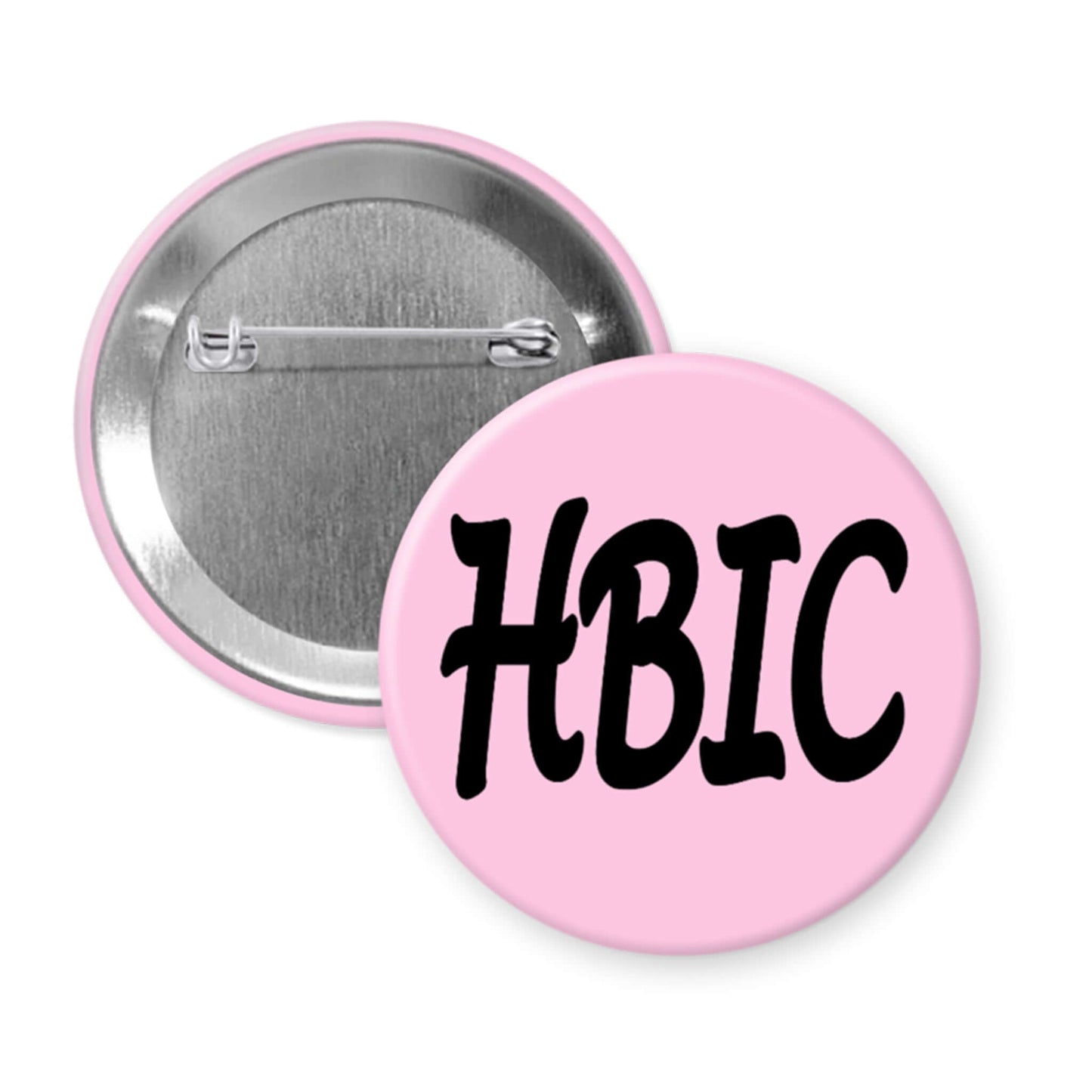Pink button with 'HBIC' text on a white background