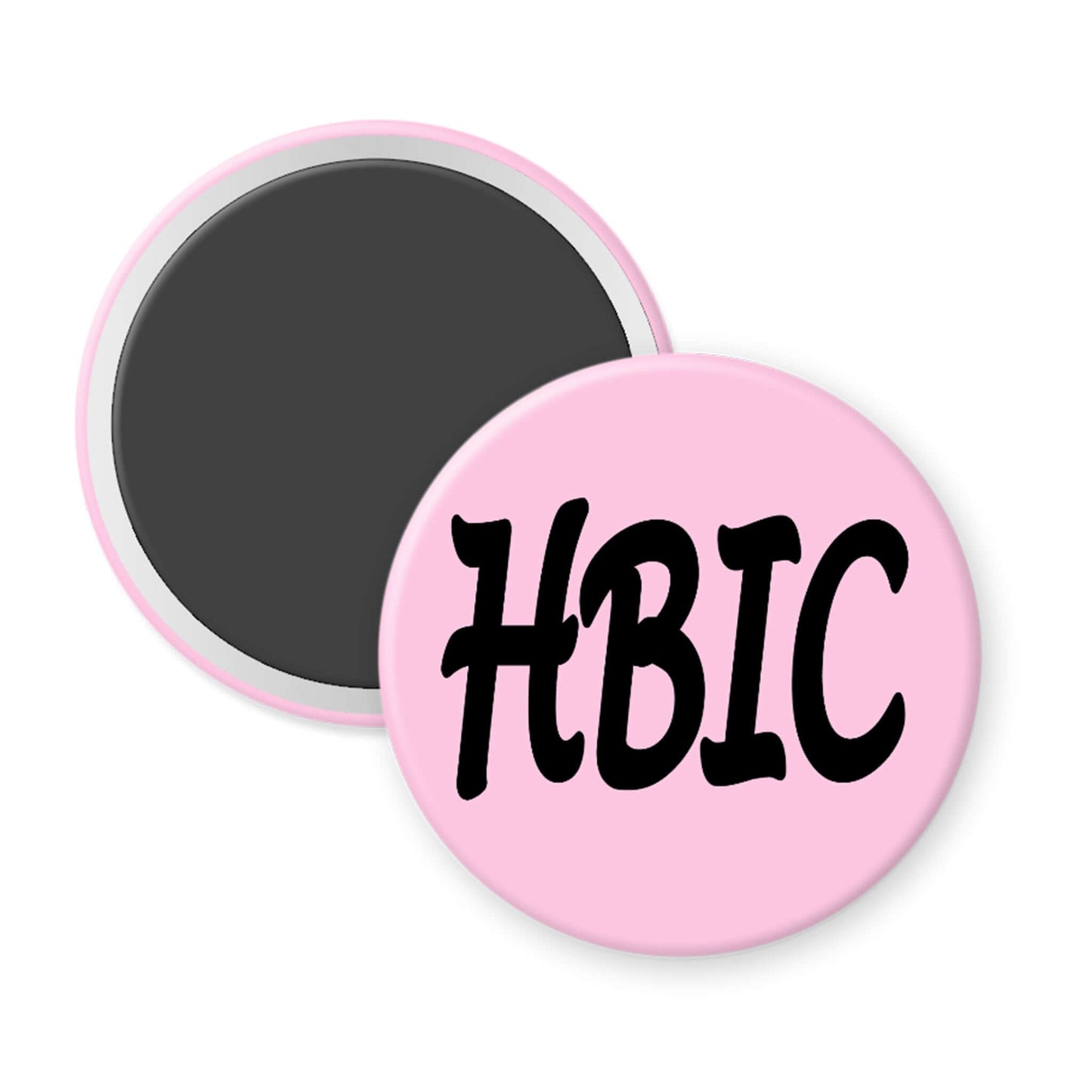 Pink magnet with 'HBIC' text on a white background