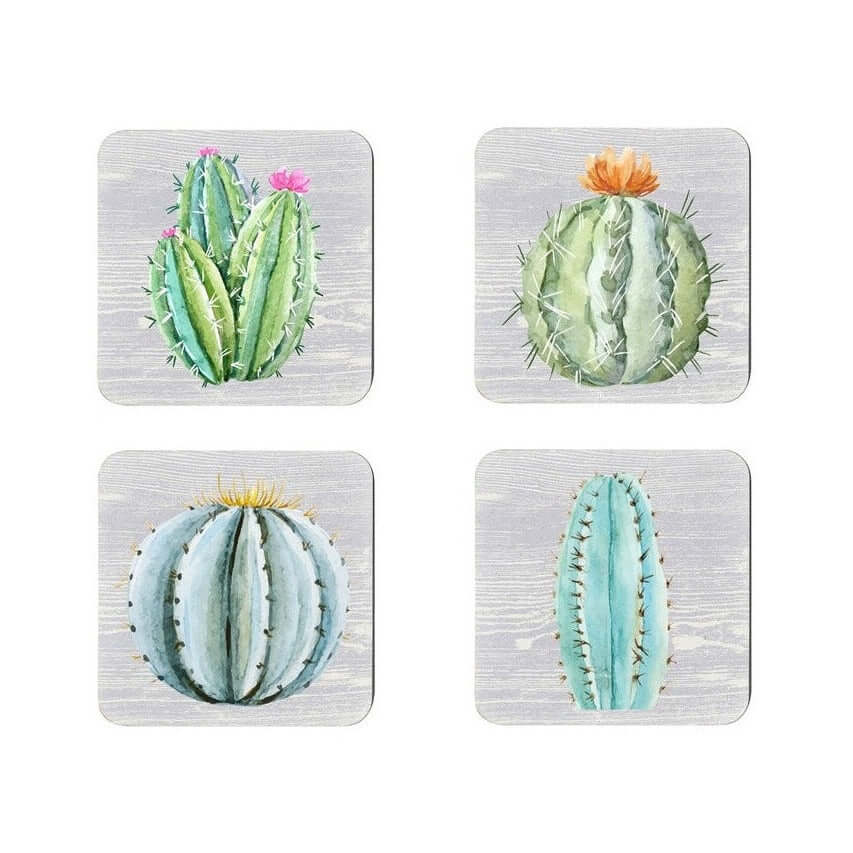 Cactus coaster set. 4 coordinating cactus print coasters with light grey wood background.