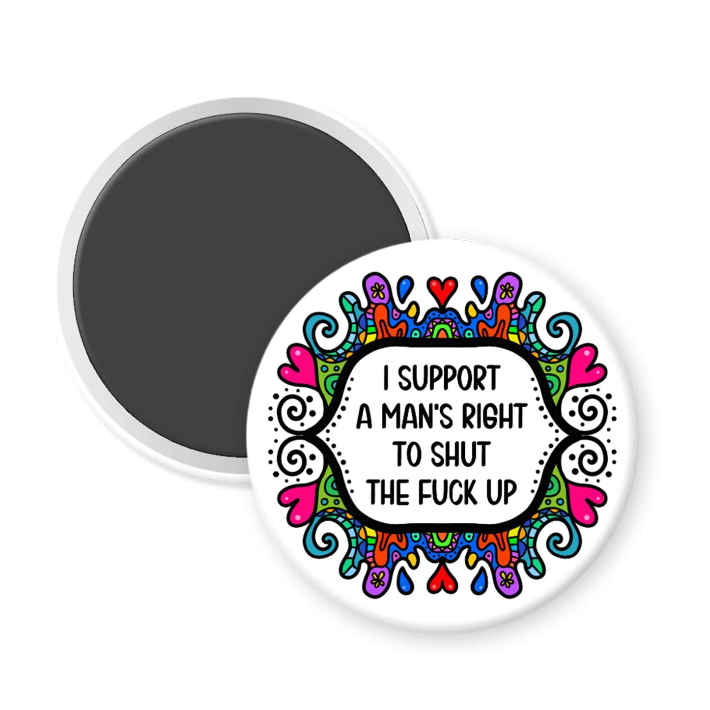 Round magnet with colorful design and text on a white background
