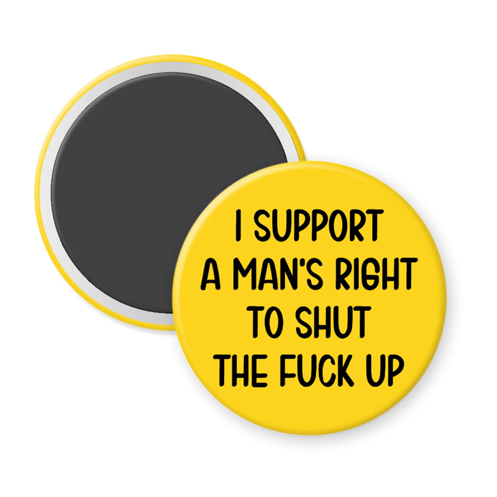 Round yellow magnet with black text on a white background