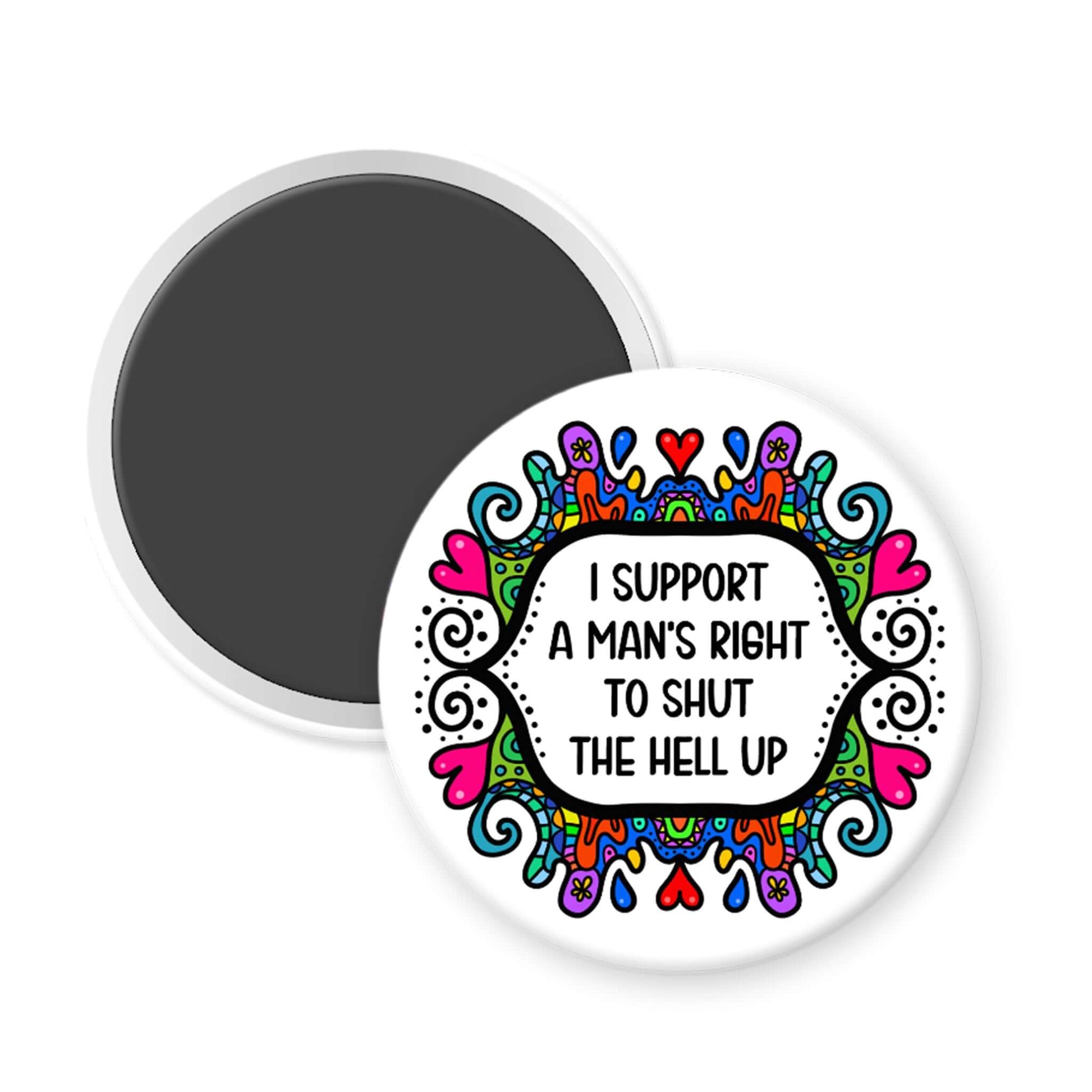 Round magnet with colorful design and text on a white background