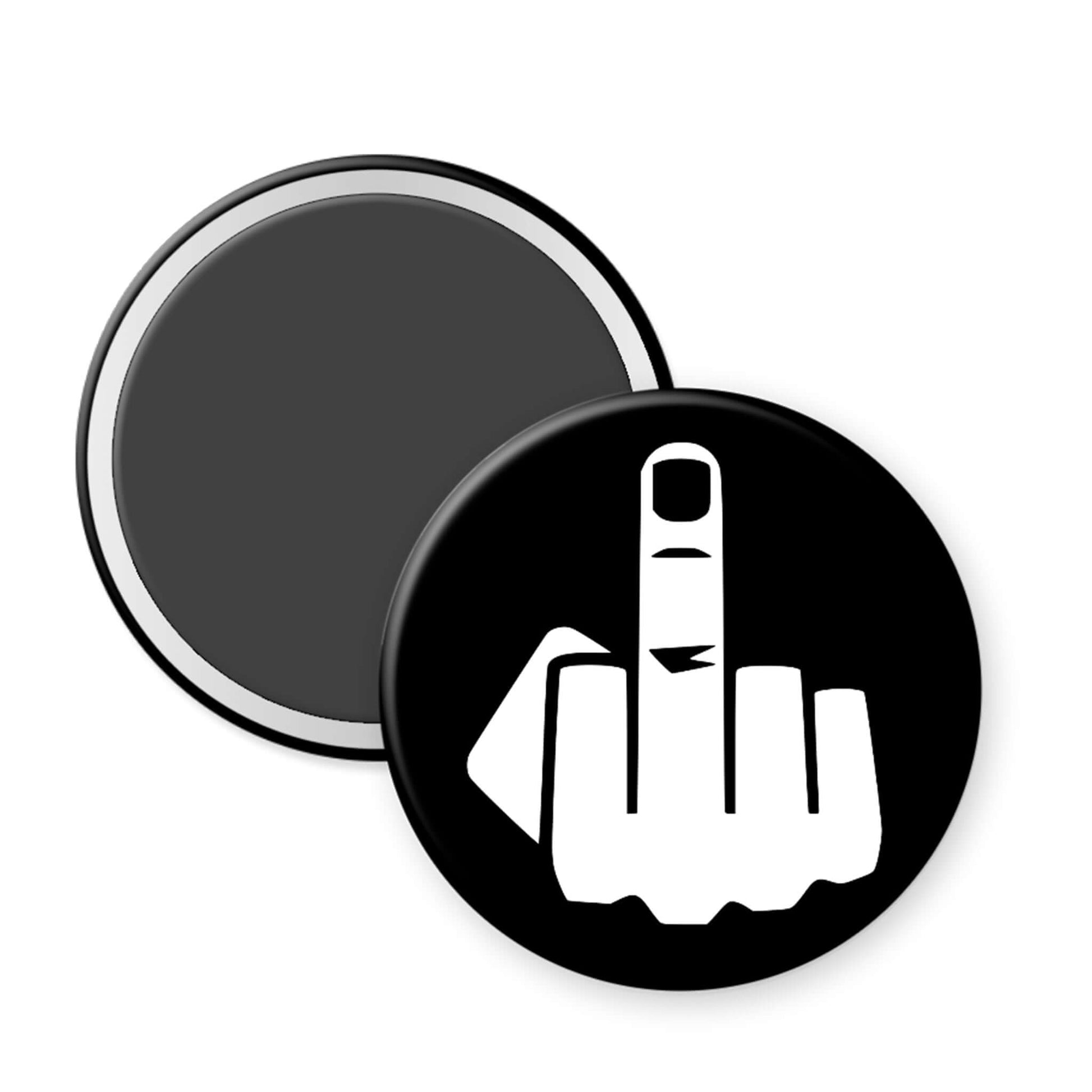 Round black magnet with a white middle finger gesture on a white background