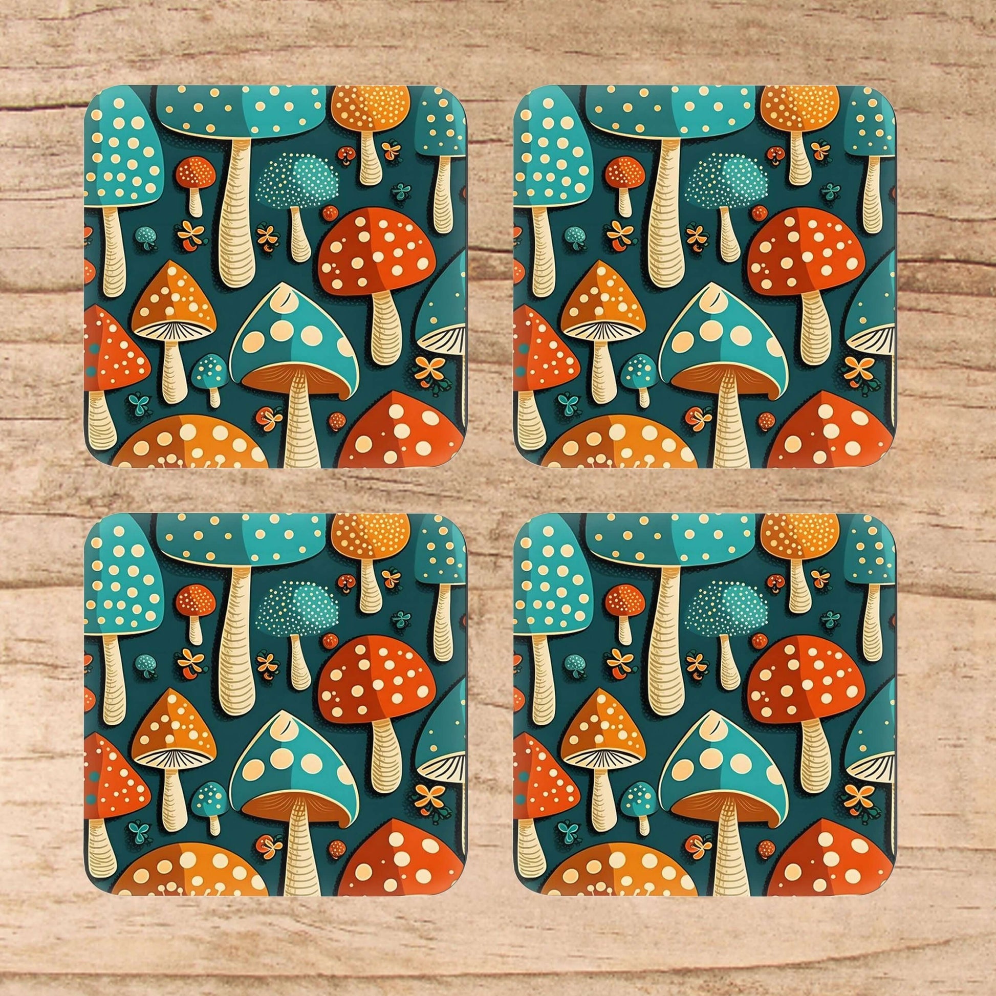 Square cork back coasters with cute green and orange mushroom image on the front.