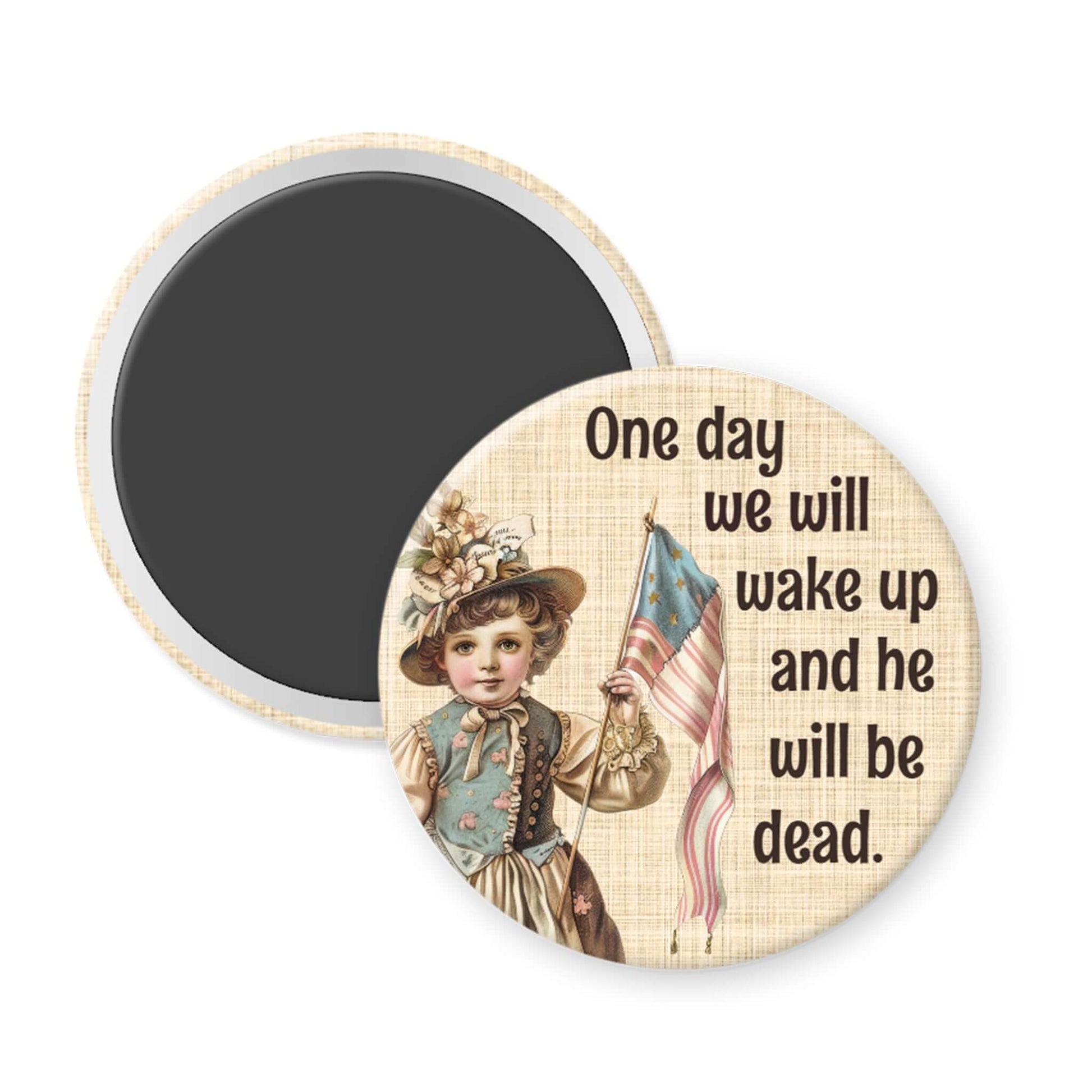 Round magnet with vintage-style illustration of a child holding an American flag and text on a white background