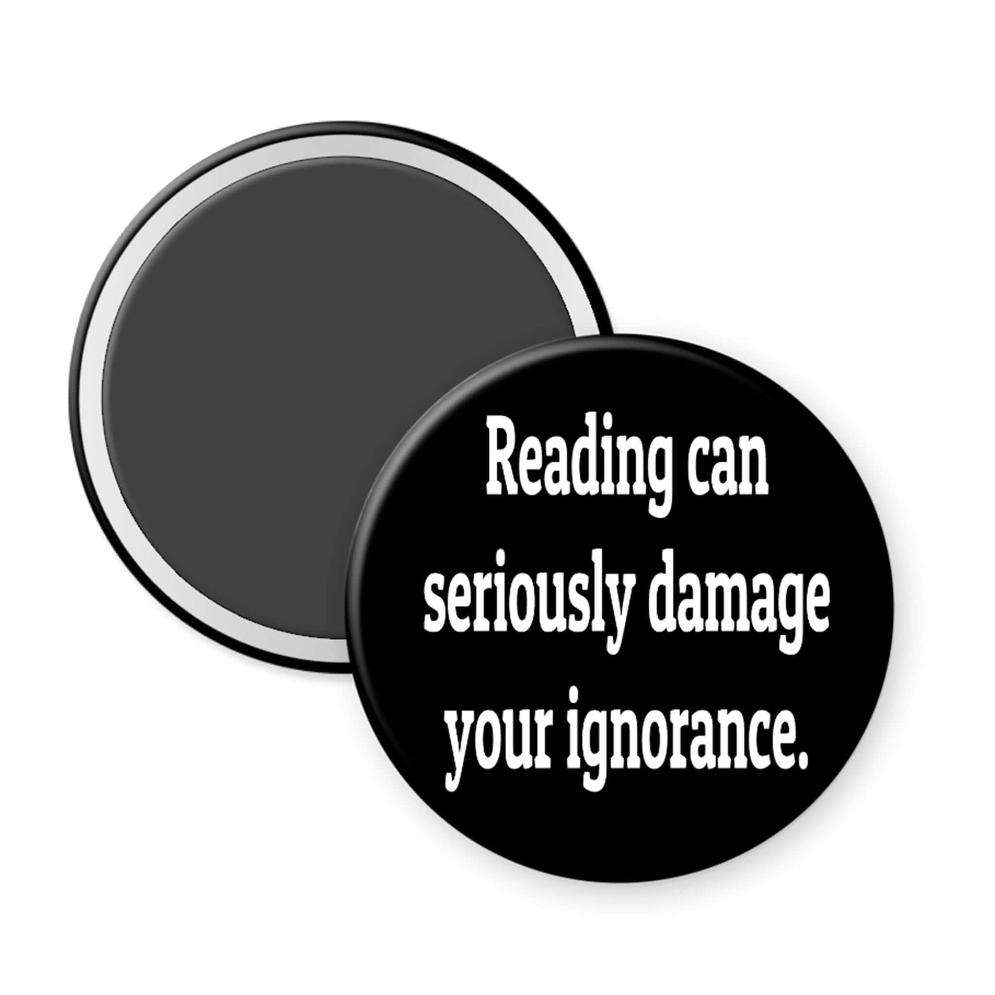 Round black magnet with white text on a white background
