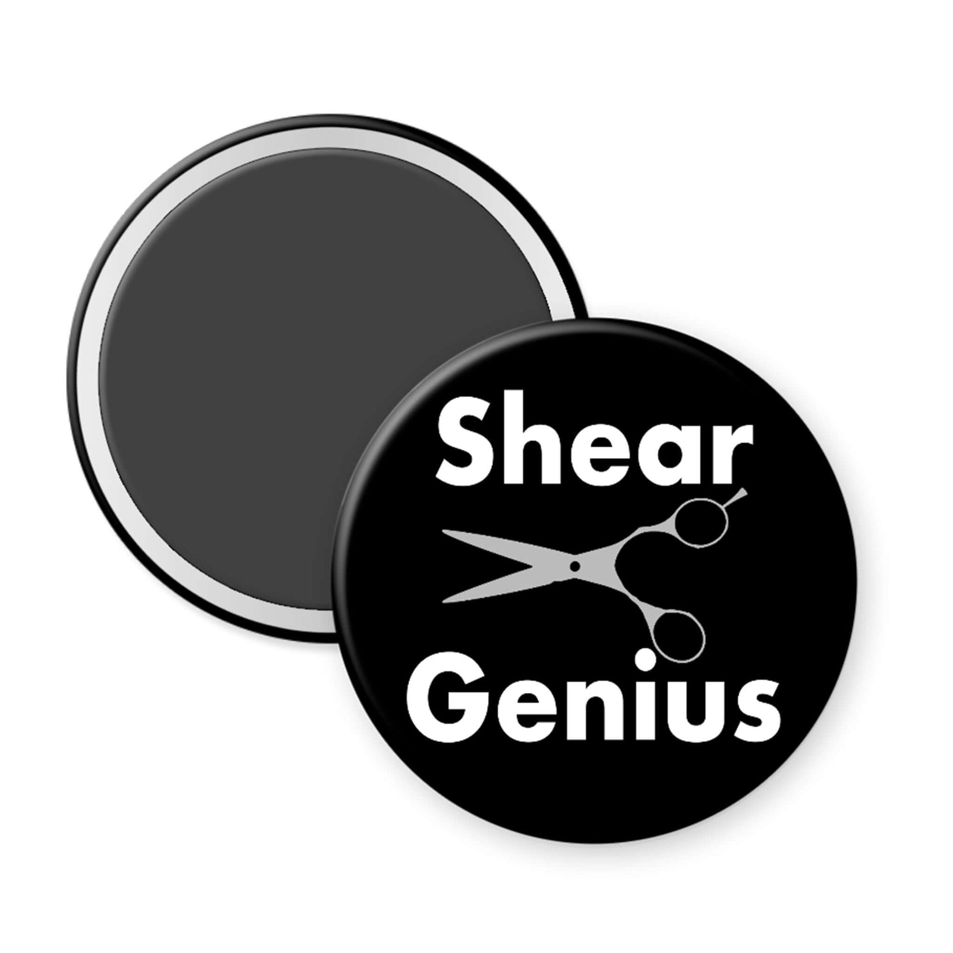 Round black magnet with 'Shear Genius' text and scissors graphic on a white background