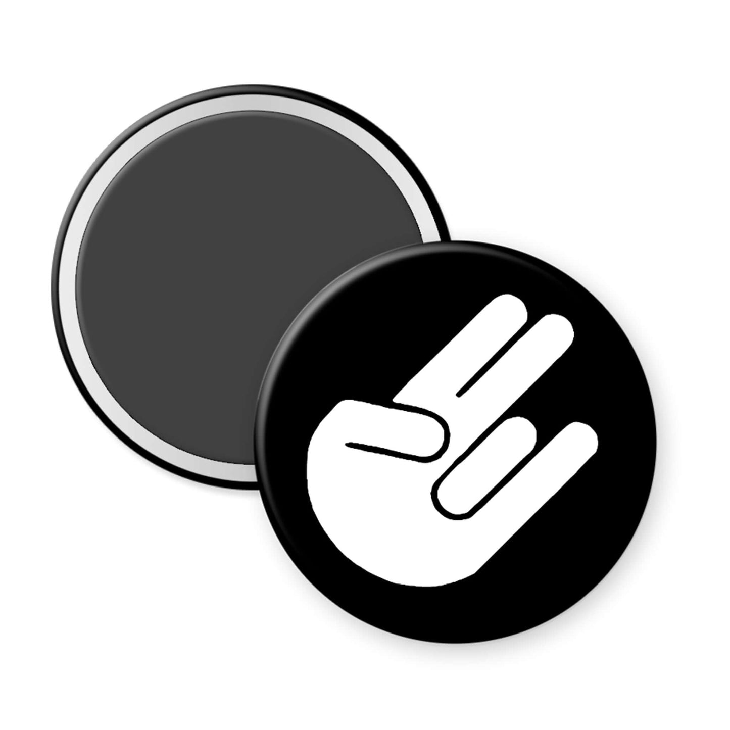 Round black button with a white hand symbol on a white background