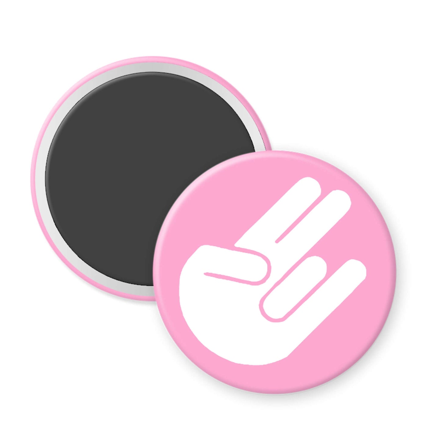 Circular pink magnet with a white hand gesture symbol on a white background