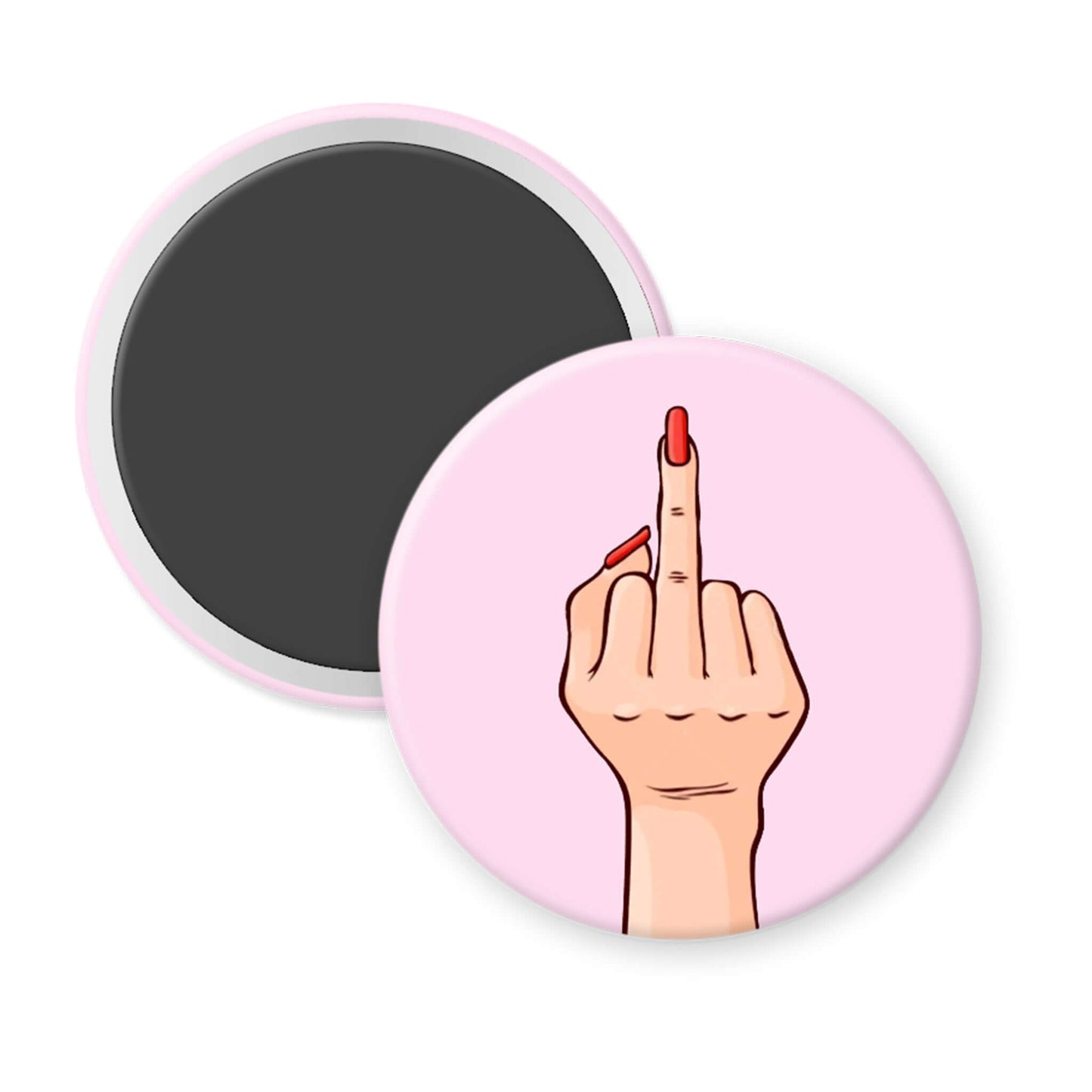 Round magnet with a hand giving the middle finger on a pink background