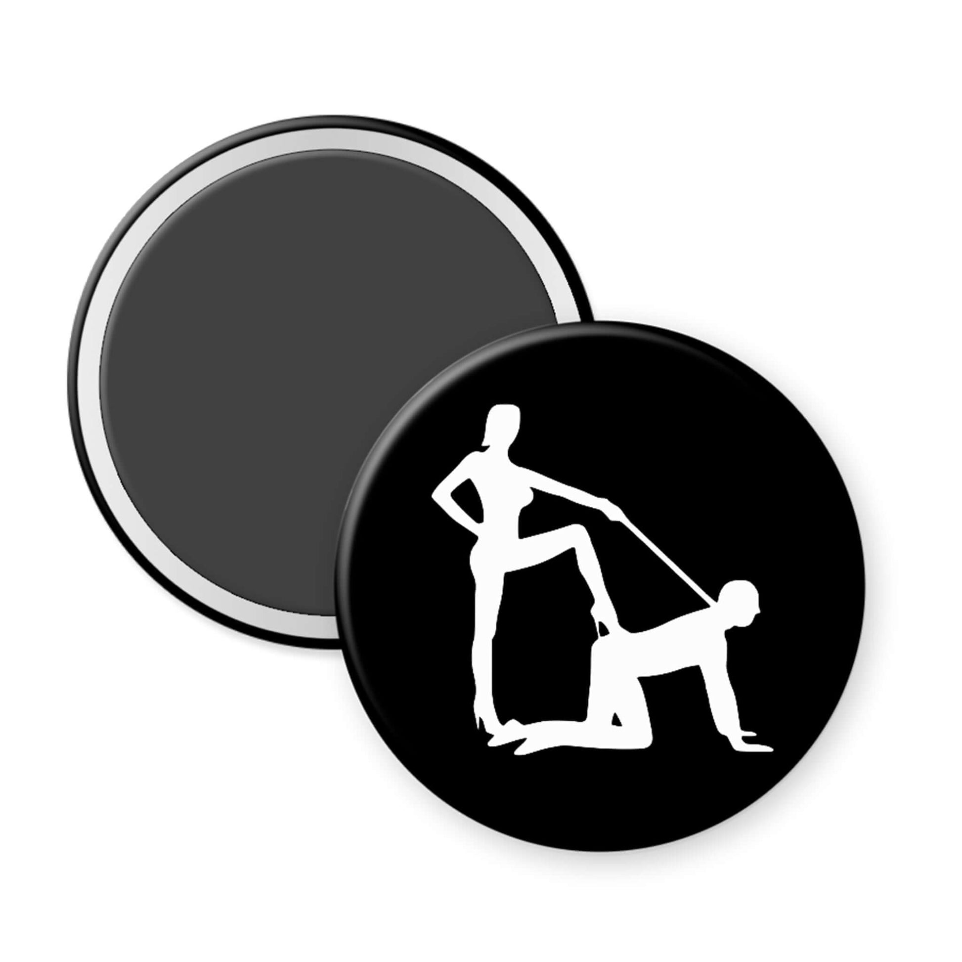 Black button with white silhouette design on a white background