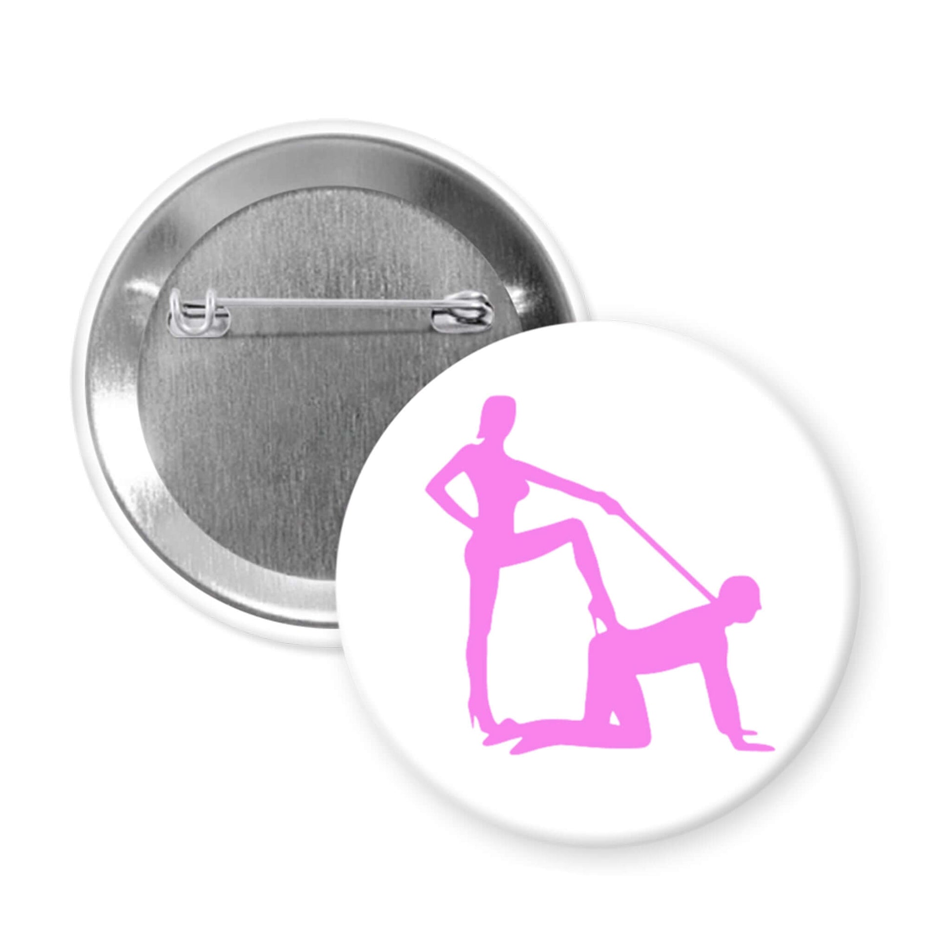 Pinback button with silhouette image of a man on his hands and knees and a dominatrix holding his leash.