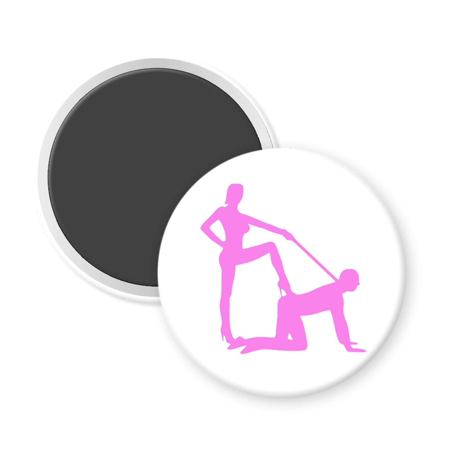 Circular product with pink silhouette design on a white background