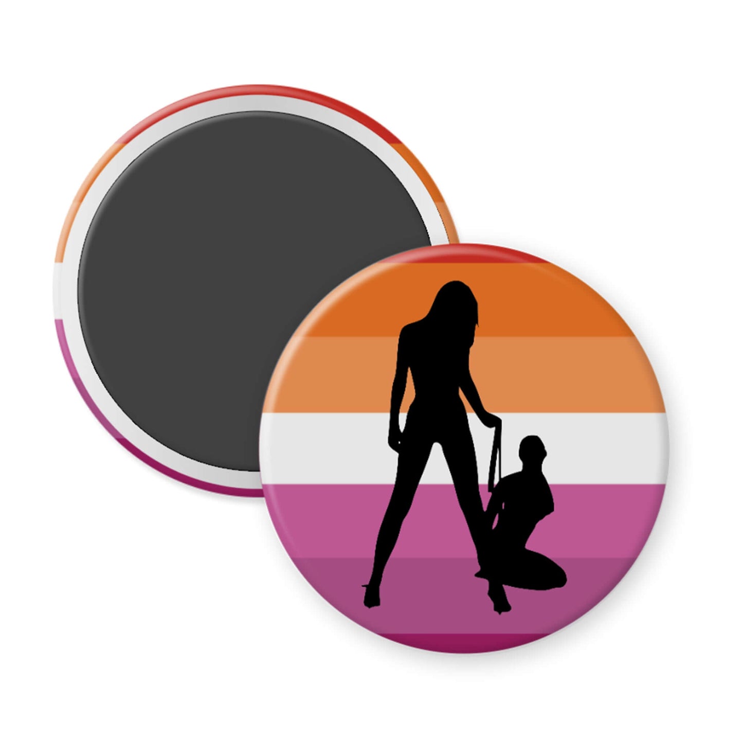 Round magnet with silhouette design on a lesbian pride flag background