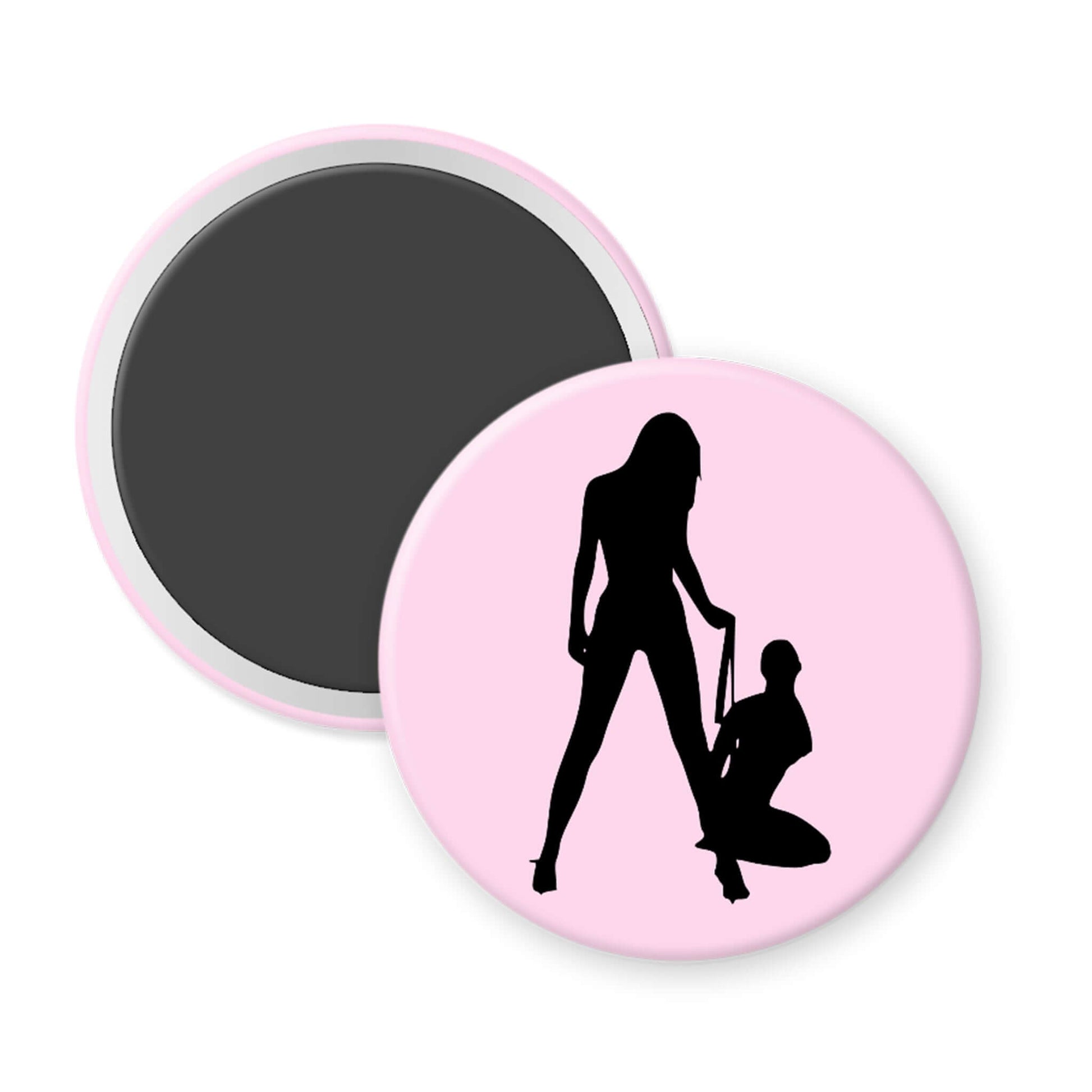 Circular magnet with black silhouette of two women on a pink background.