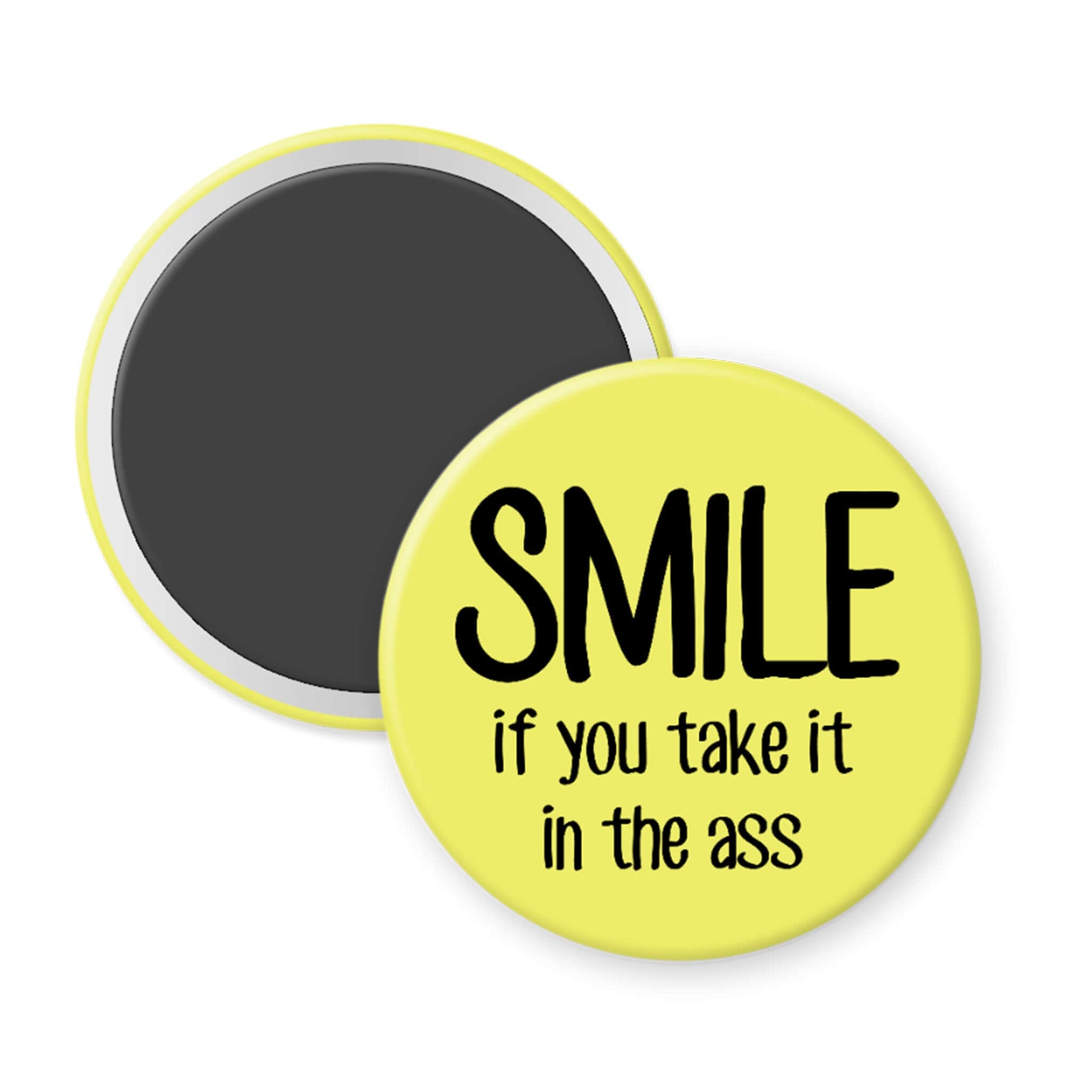 Round yellow magnet with black text on a white background